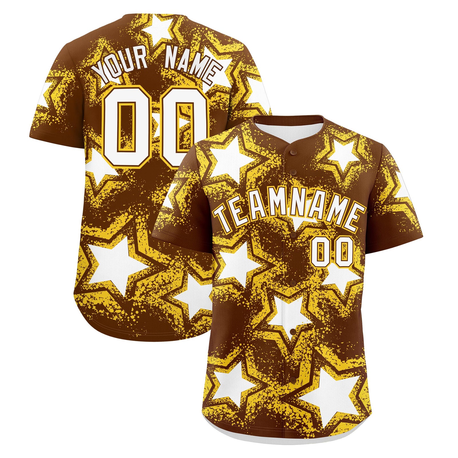 Custom Brown Gold White Star Graffiti Team Baseball Jerseys With Custom Names, Numbers & Logos Stretch Fabric Baseball Jersey| KXKSHOP