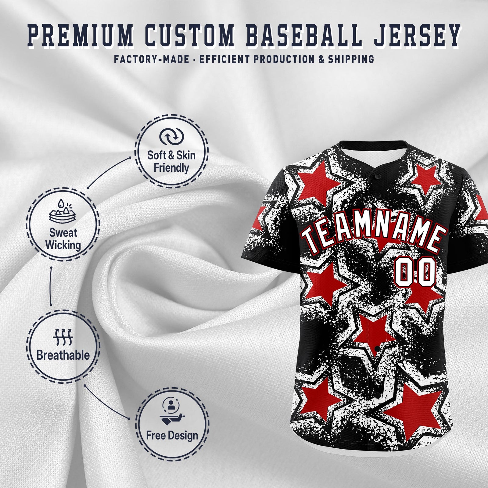 Custom Black White Red Star Graffiti Team Baseball Jerseys With Custom Names, Numbers & Logos Lightweight Baseball Jersey| KXKSHOP