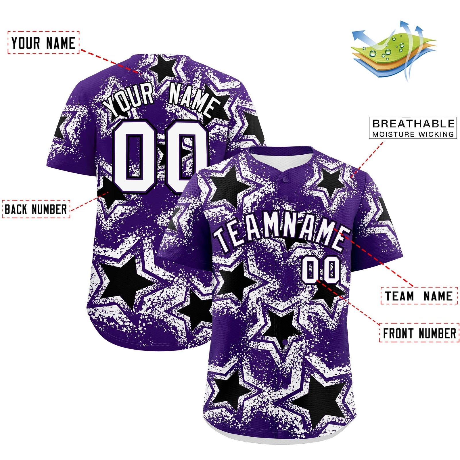Custom Purple White Black Star Graffiti Team Baseball Jerseys With Custom Names, Numbers & Logos Lightweight Baseball Jersey| KXKSHOP