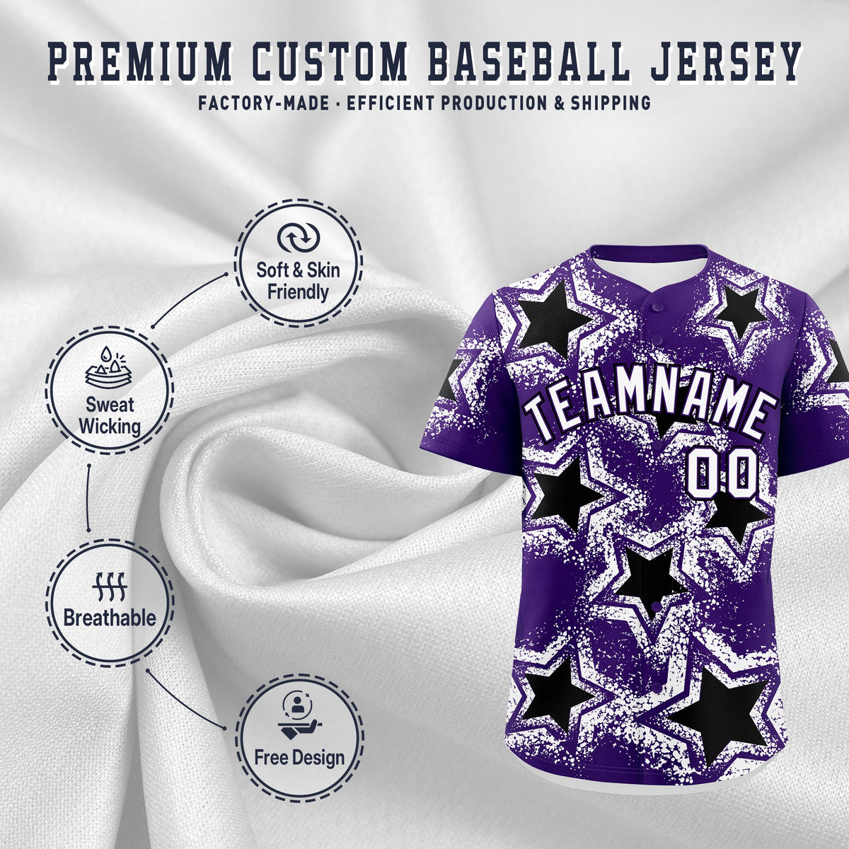 Custom Purple White Black Star Graffiti Team Baseball Jerseys With Custom Names, Numbers & Logos Lightweight Baseball Jersey| KXKSHOP