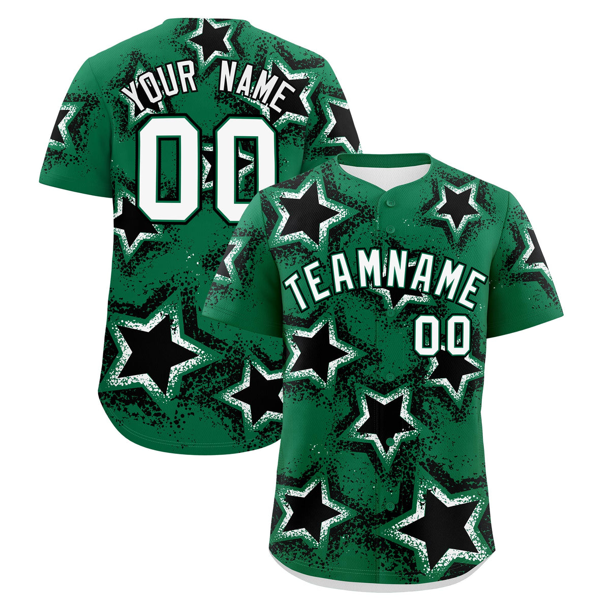 Custom Kelly Green White Black Star Graffiti Team Baseball Jerseys With Custom Names, Numbers & Logos Stretch Fabric Baseball Jersey| KXKSHOP
