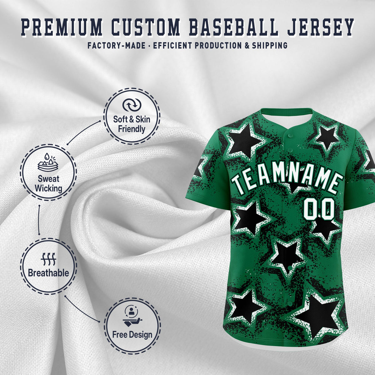 Custom Kelly Green White Black Star Graffiti Team Baseball Jerseys With Custom Names, Numbers & Logos Stretch Fabric Baseball Jersey| KXKSHOP