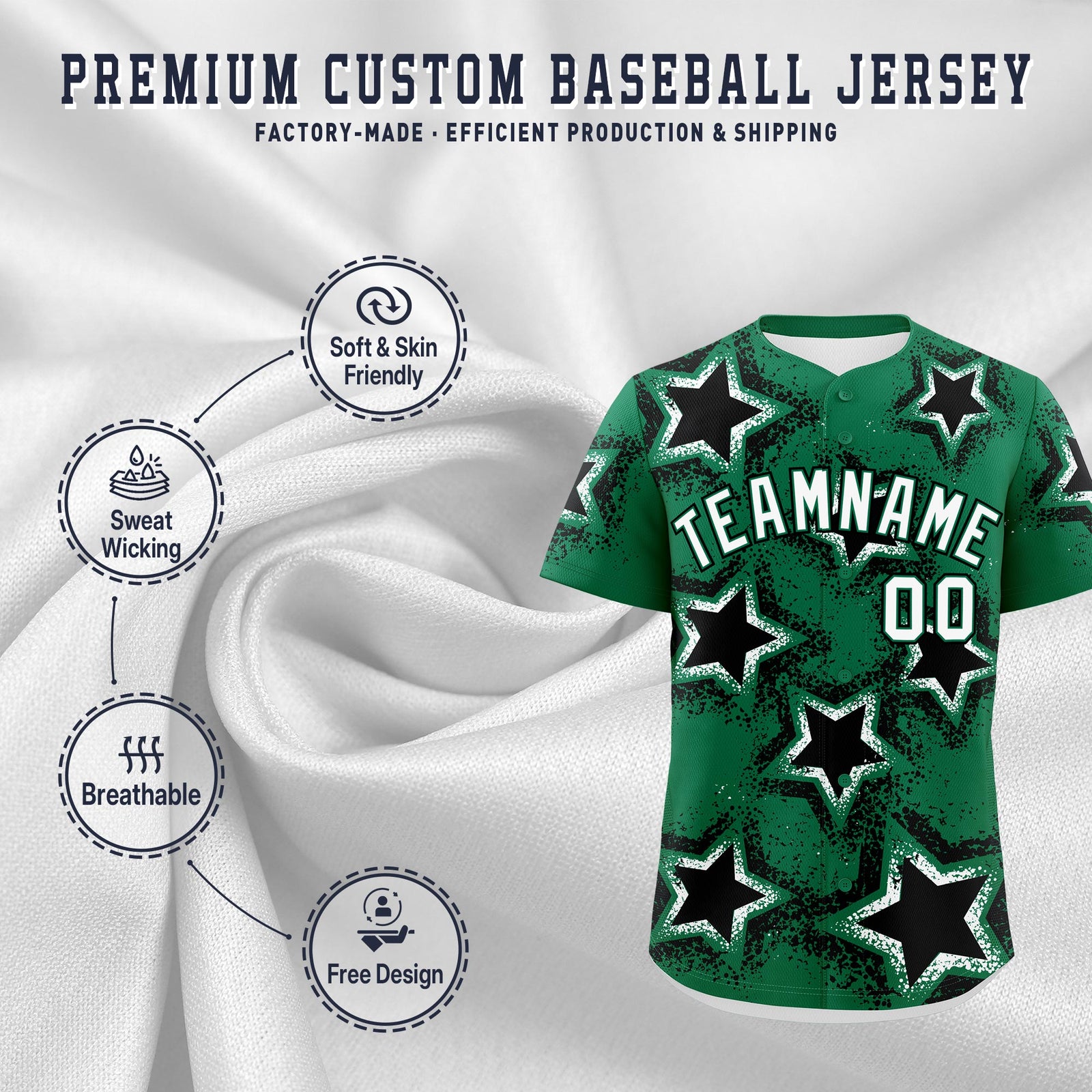 Custom Kelly Green White Black Star Graffiti Team Baseball Jerseys With Custom Names, Numbers & Logos Stretch Fabric Baseball Jersey| KXKSHOP