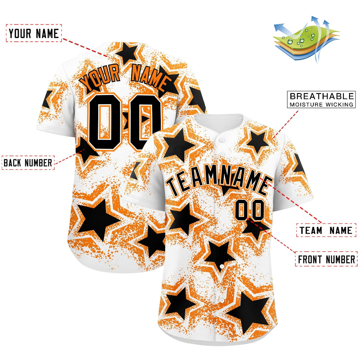 Custom White Orange Black Star Graffiti Team Baseball Jerseys With Custom Names, Numbers & Logos Lightweight Baseball Jersey| KXKSHOP