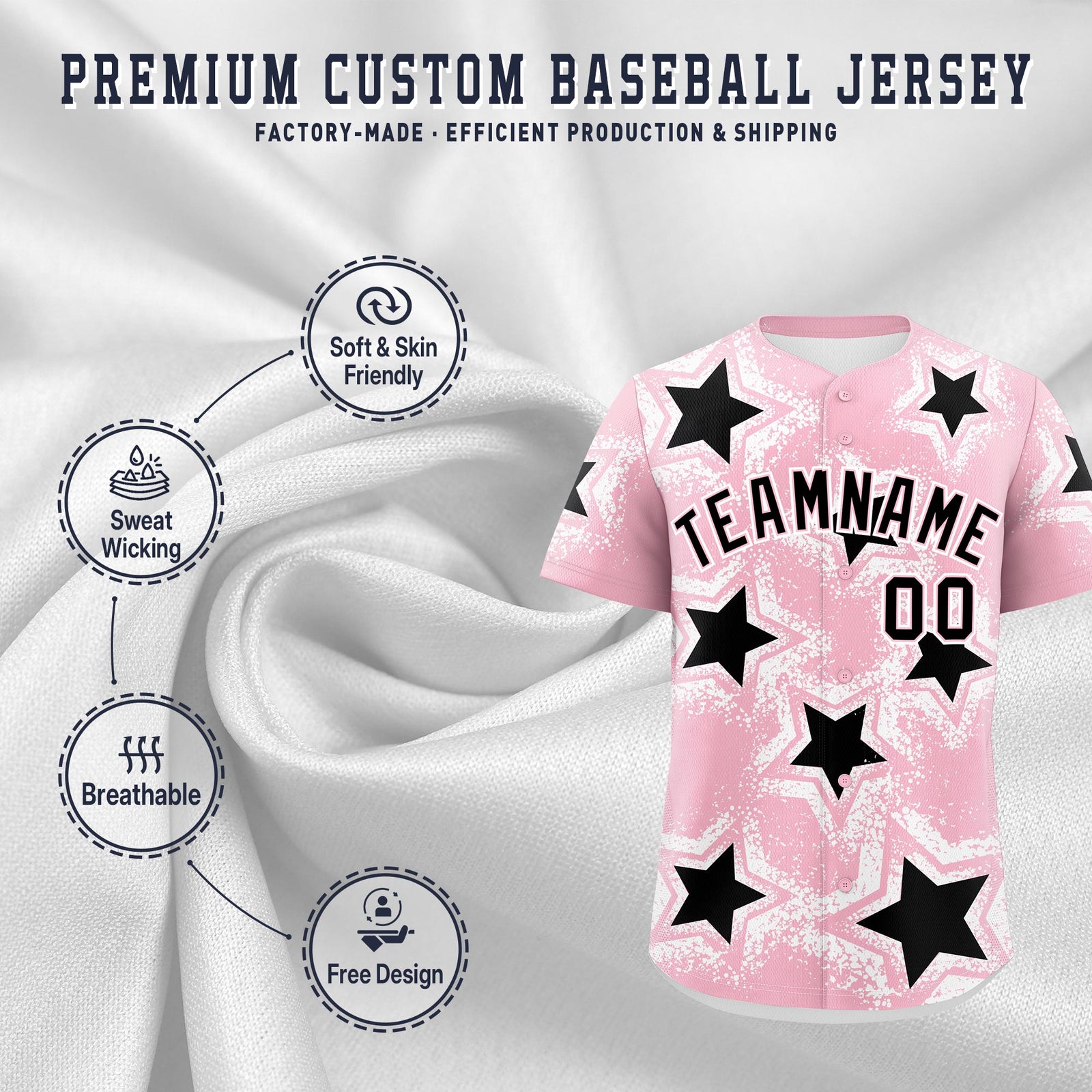 Custom Light Pink White Black Star Graffiti Team Baseball Jerseys With Custom Names, Numbers & Logos Stretch Fabric Baseball Jersey| KXKSHOP