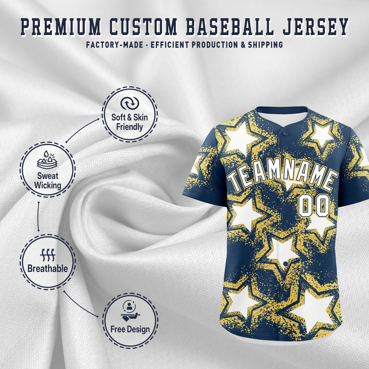 Custom Midnight Blue Khaki White Star Graffiti Team Baseball Jerseys With Custom Names, Numbers & Logos Lightweight Baseball Jersey| KXKSHOP