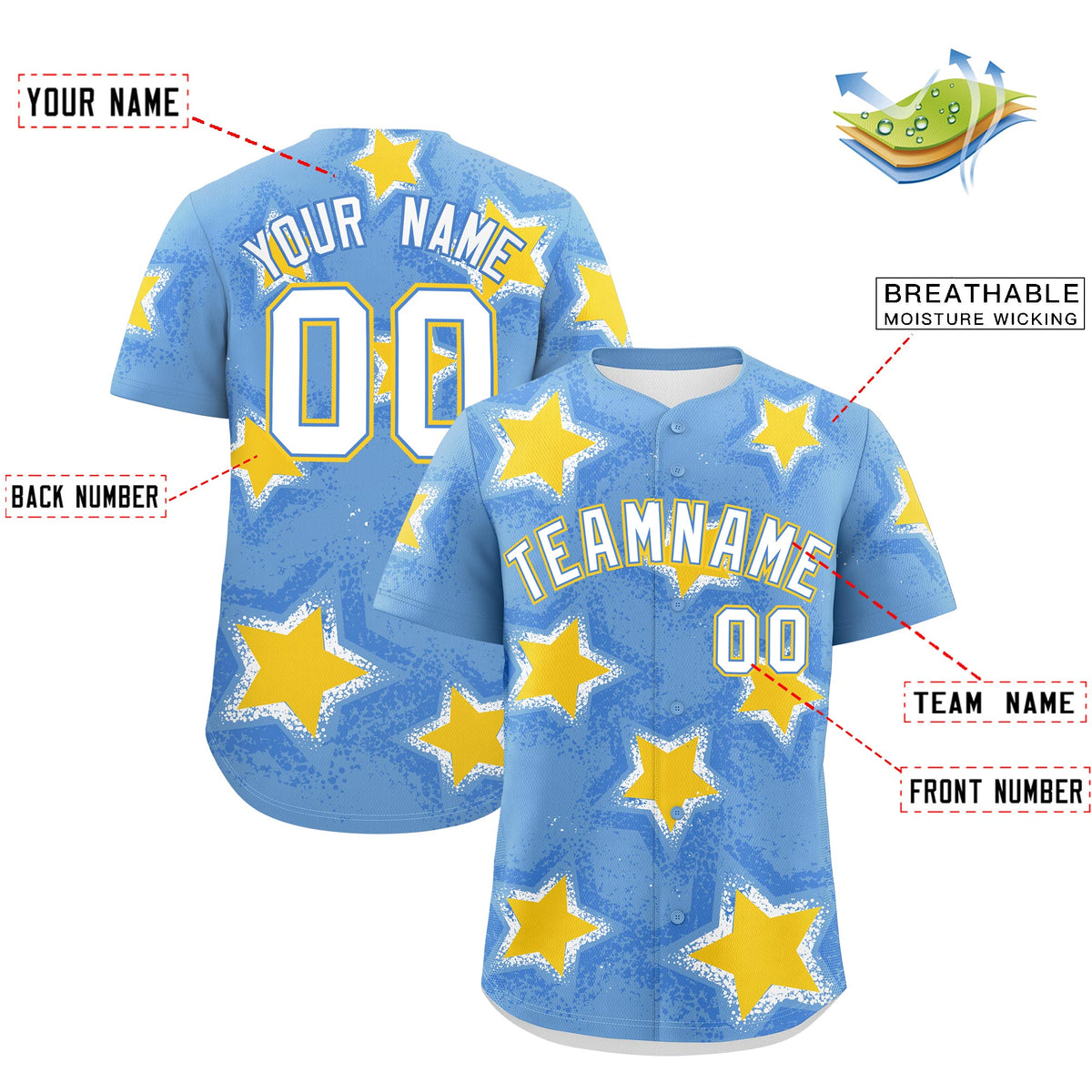 Custom Light Blue Gold White Star Graffiti Team Baseball Jerseys With Custom Names, Numbers & Logos Stretch Fabric Baseball Jersey| KXKSHOP
