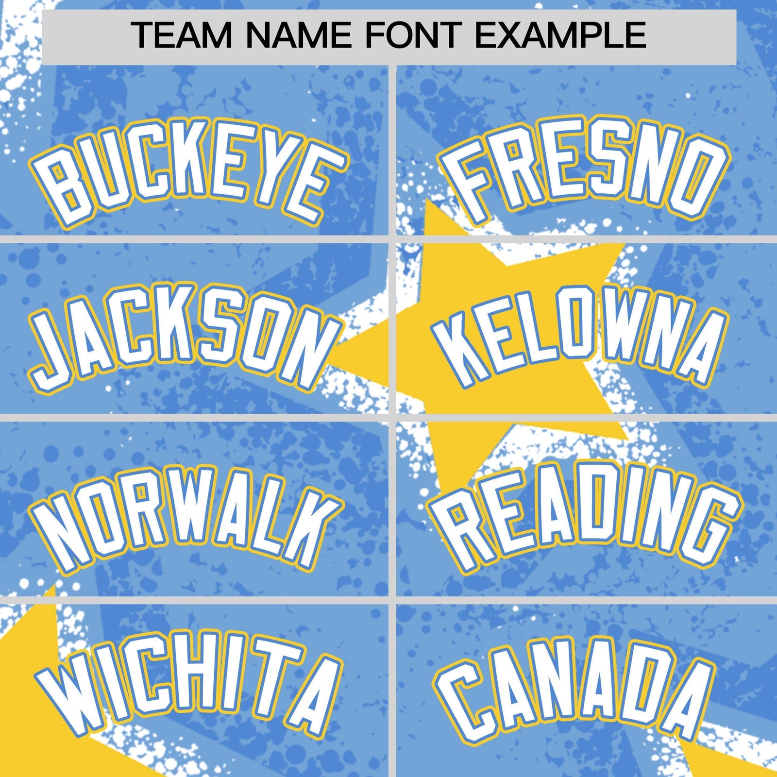 Custom Light Blue Gold White Star Graffiti Team Baseball Jerseys With Custom Names, Numbers & Logos Stretch Fabric Baseball Jersey| KXKSHOP