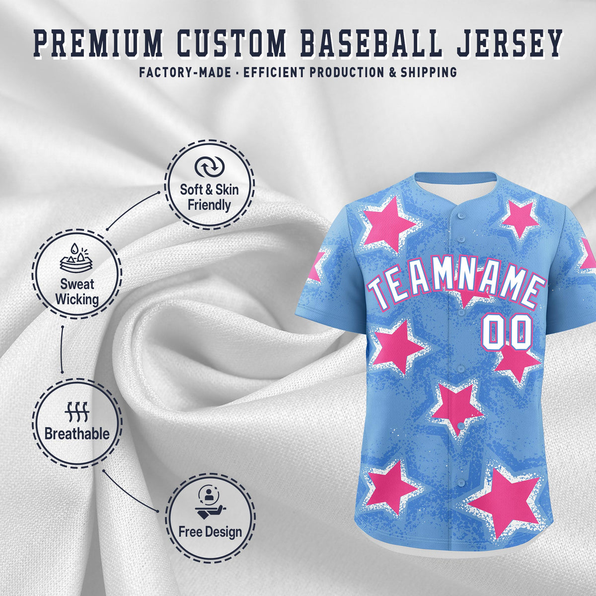 Custom Light Blue Powder Blue White Star Graffiti Team Baseball Jerseys With Custom Names, Numbers & Logos Lightweight Baseball Jersey| KXKSHOP