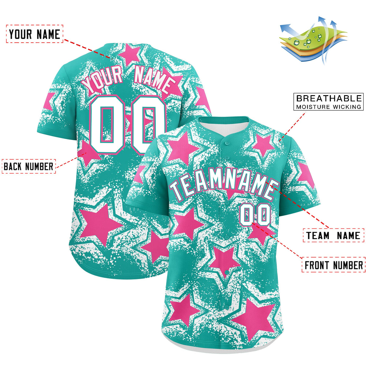 Custom Aqua White Pink Star Graffiti Team Baseball Jerseys With Custom Names, Numbers & Logos Stretch Fabric Baseball Jersey| KXKSHOP
