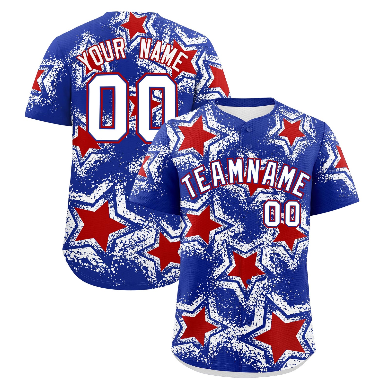 Custom Royal Blue White Red Star Graffiti Team Baseball Jerseys With Custom Names, Numbers & Logos Stretch Fabric Baseball Jersey| KXKSHOP