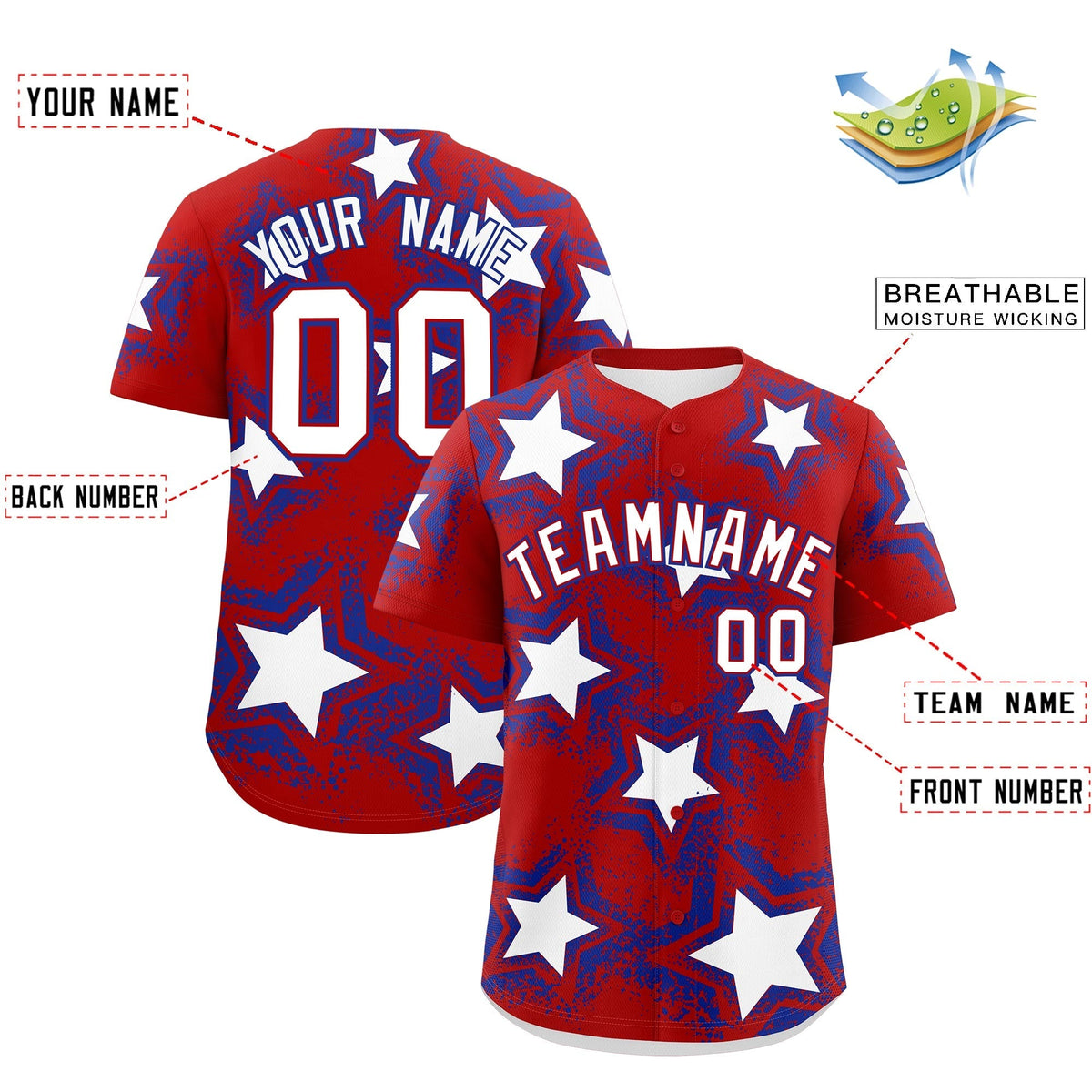 Custom Red Royal Blue White Star Graffiti Team Baseball Jerseys With Custom Names, Numbers & Logos Lightweight Baseball Jersey| KXKSHOP