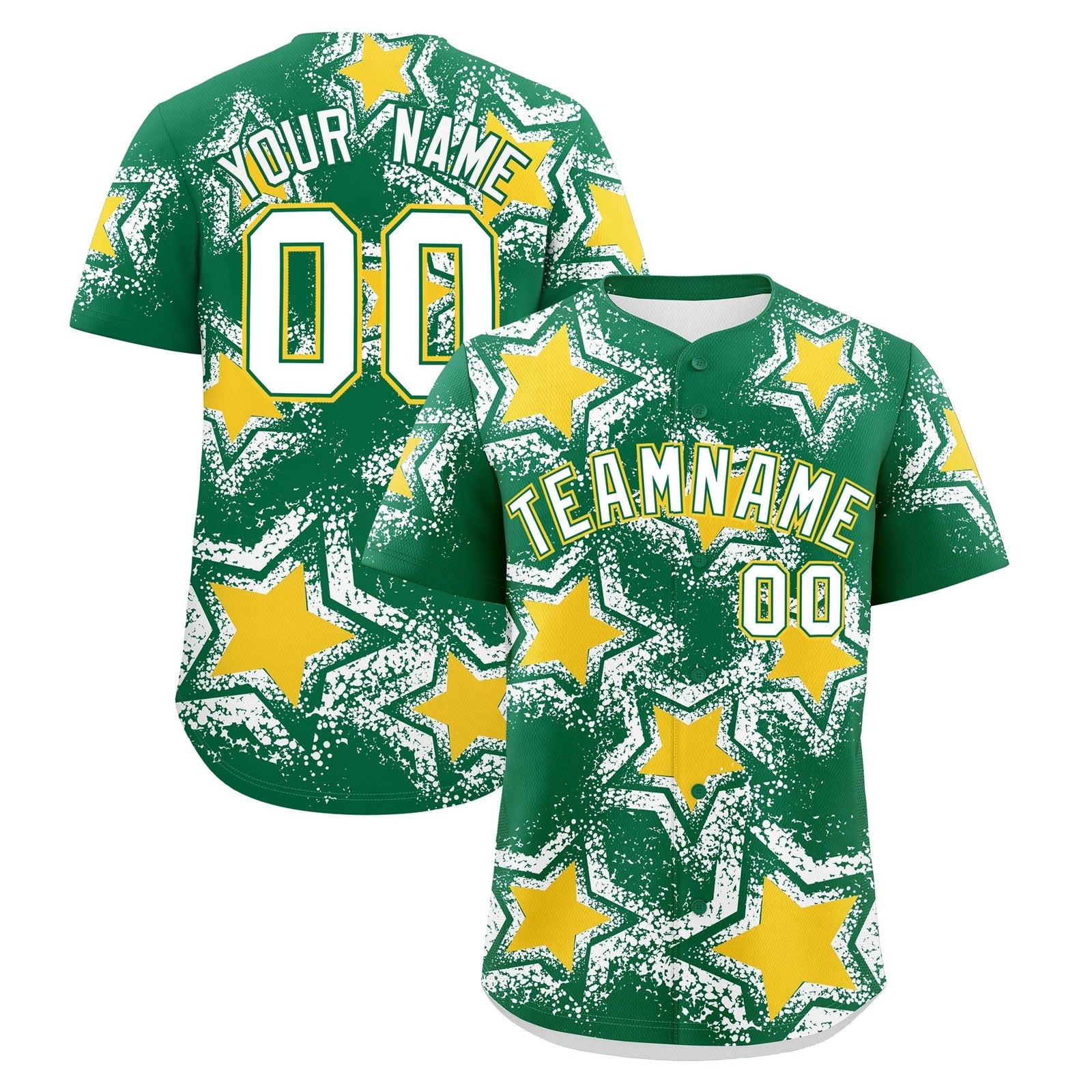 Custom Kelly Green White Gold Star Graffiti Team Baseball Jerseys With Custom Names, Numbers & Logos Stretch Fabric Baseball Jersey| KXKSHOP