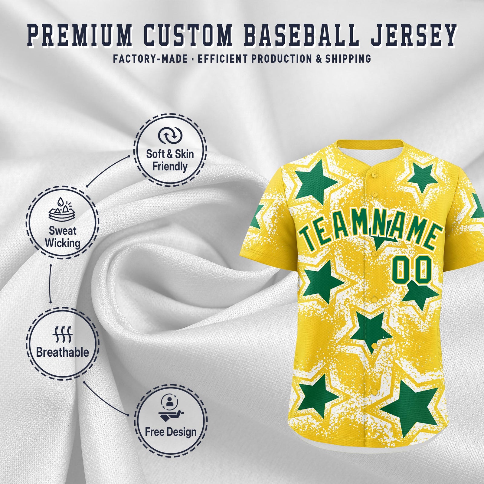 Custom Gold White Kelly Green Star Graffiti Team Baseball Jerseys With Custom Names, Numbers & Logos Lightweight Baseball Jersey| KXKSHOP