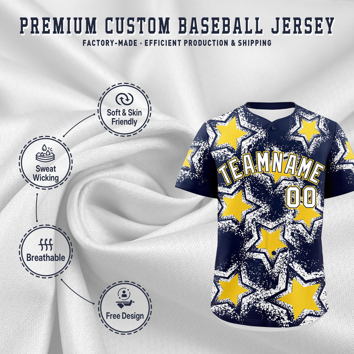 Custom Navy White Gold Star Graffiti Team Baseball Jerseys With Custom Names, Numbers & Logos Stretch Fabric Baseball Jersey| KXKSHOP