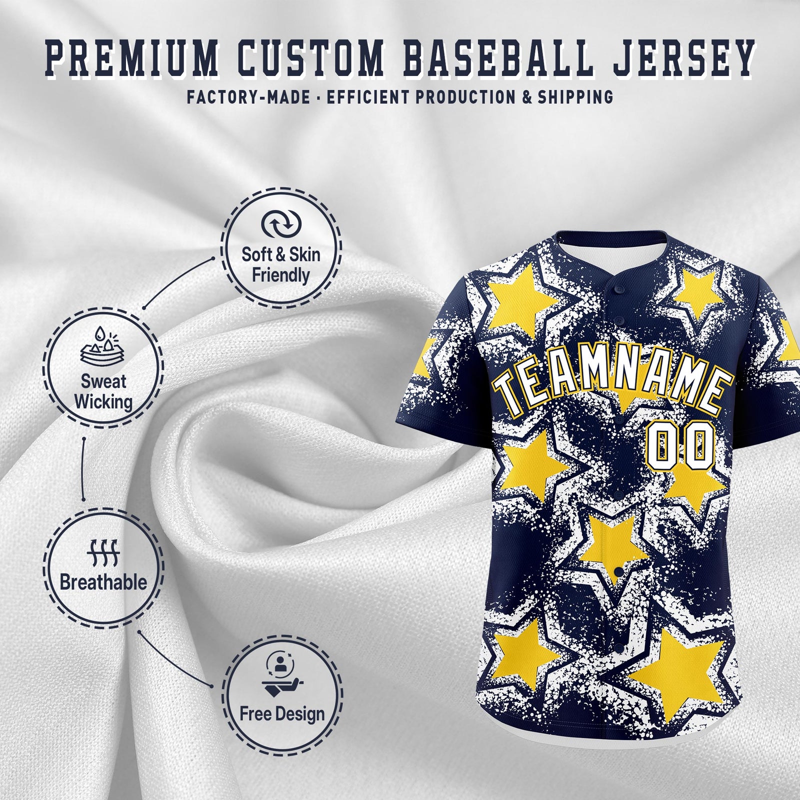 Custom Navy White Gold Star Graffiti Team Baseball Jerseys With Custom Names, Numbers & Logos Stretch Fabric Baseball Jersey| KXKSHOP