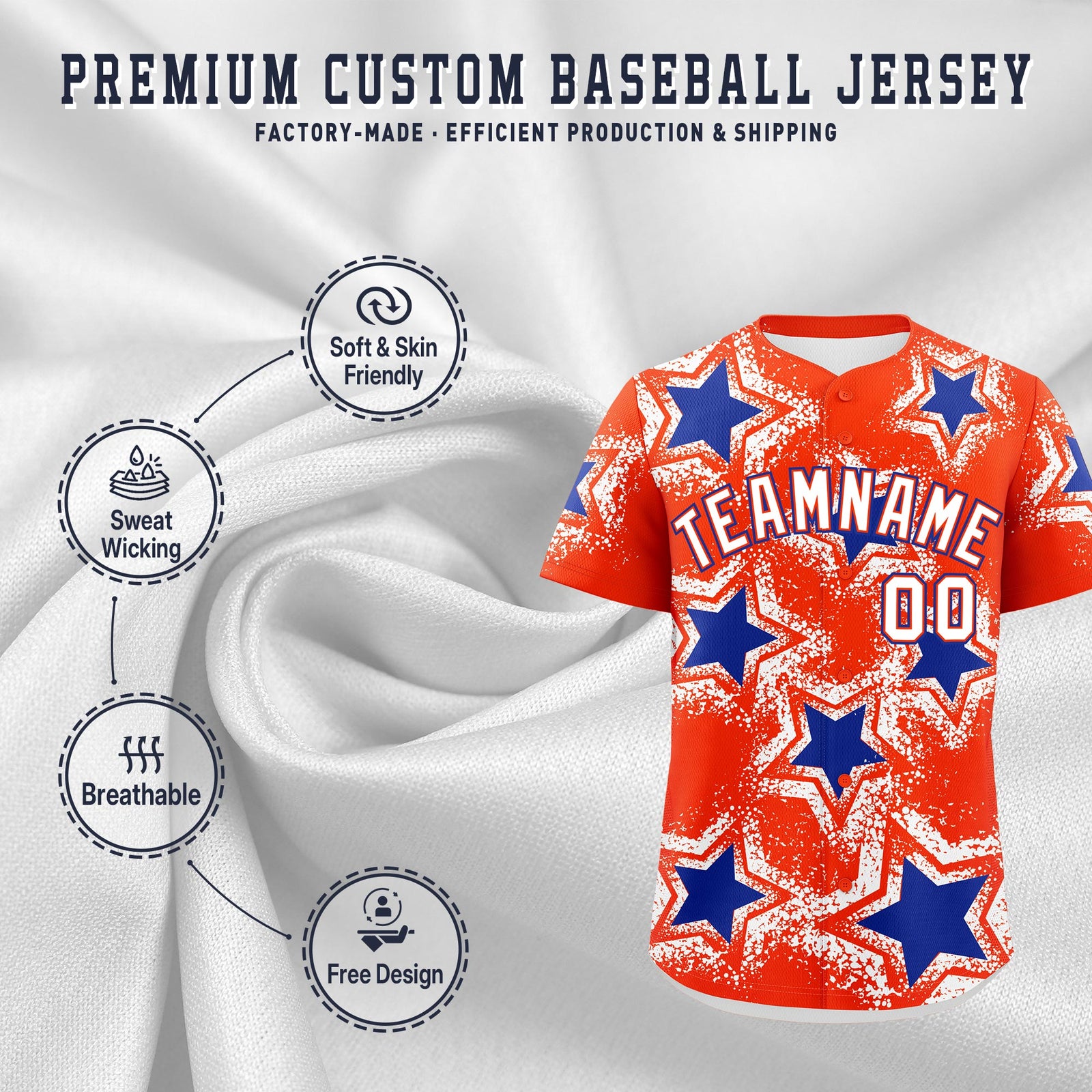 Custom Orange White Royal Blue Star Graffiti Team Baseball Jerseys With Custom Names, Numbers & Logos Lightweight Baseball Jersey| KXKSHOP