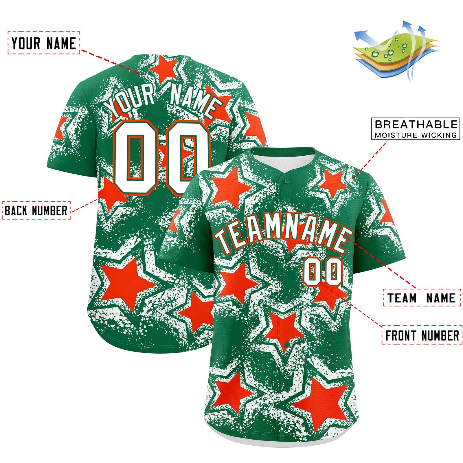 Custom Kelly Green White Orange Star Graffiti Team Baseball Jerseys With Custom Names, Numbers & Logos Stretch Fabric Baseball Jersey| KXKSHOP