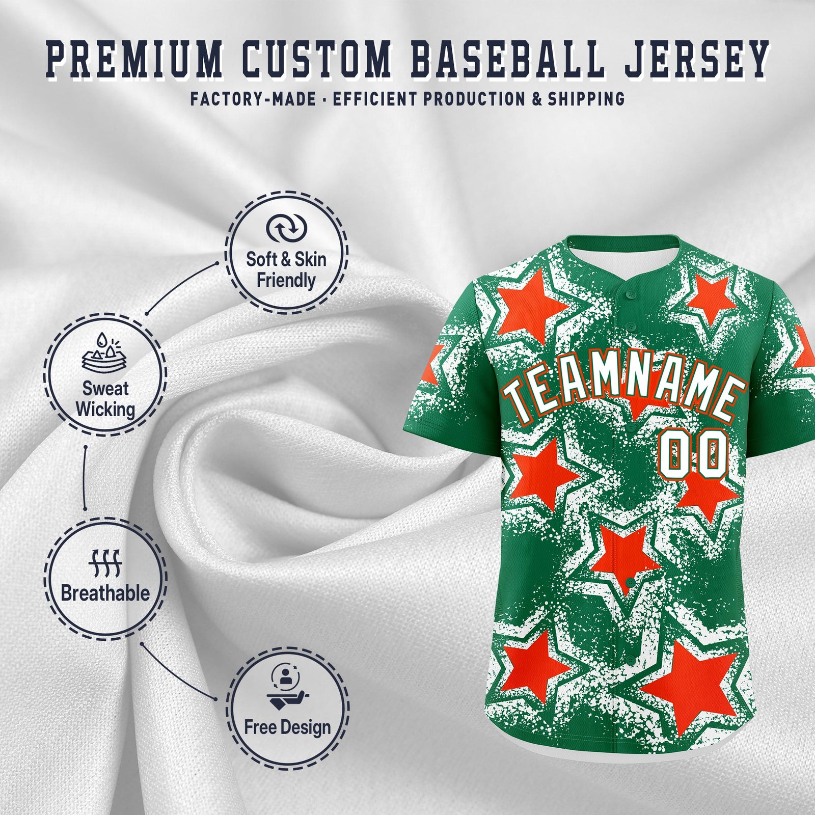 Custom Kelly Green White Orange Star Graffiti Team Baseball Jerseys With Custom Names, Numbers & Logos Stretch Fabric Baseball Jersey| KXKSHOP