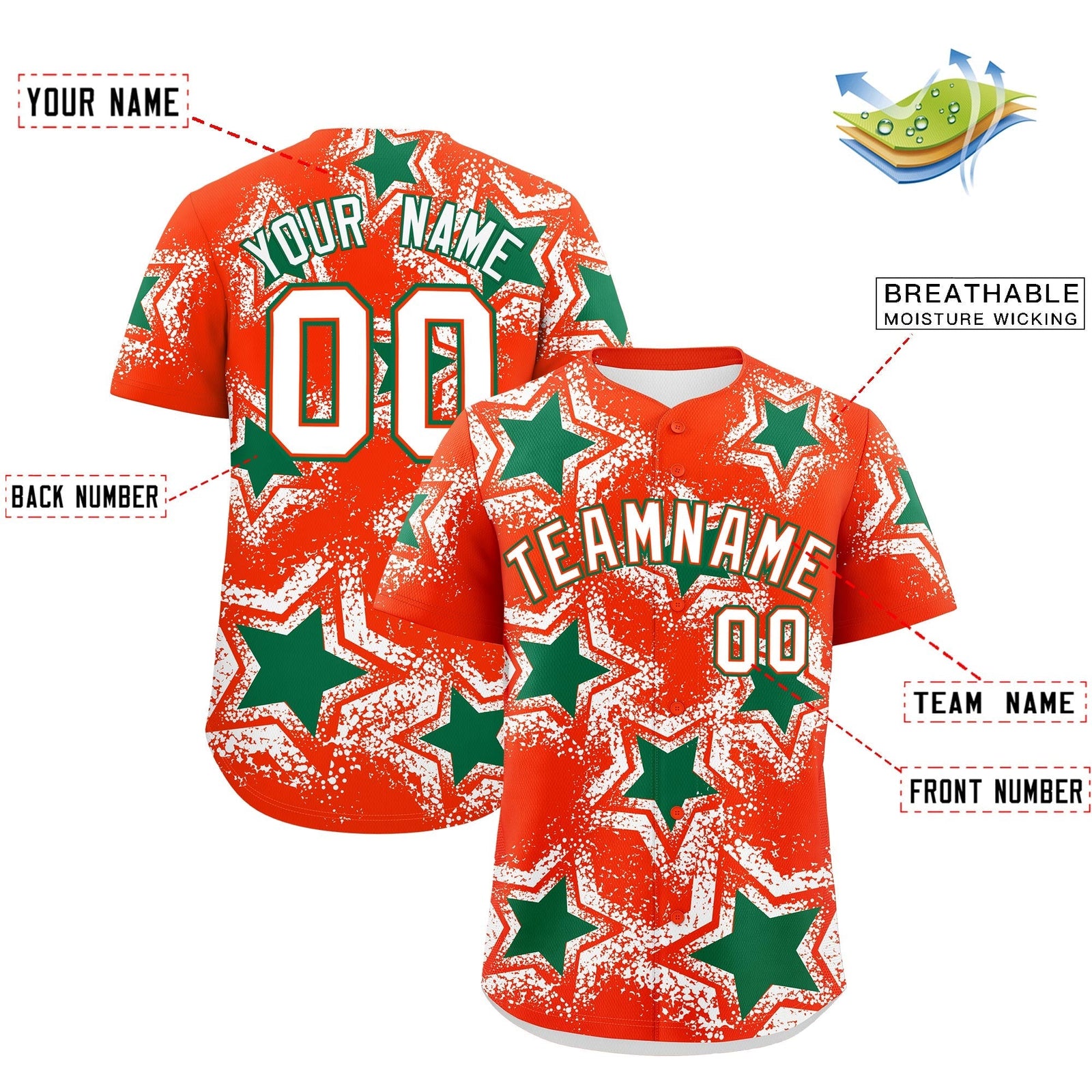 Custom Orange White Kelly Green Star Graffiti Team Baseball Jerseys With Custom Names, Numbers & Logos Lightweight Baseball Jersey| KXKSHOP