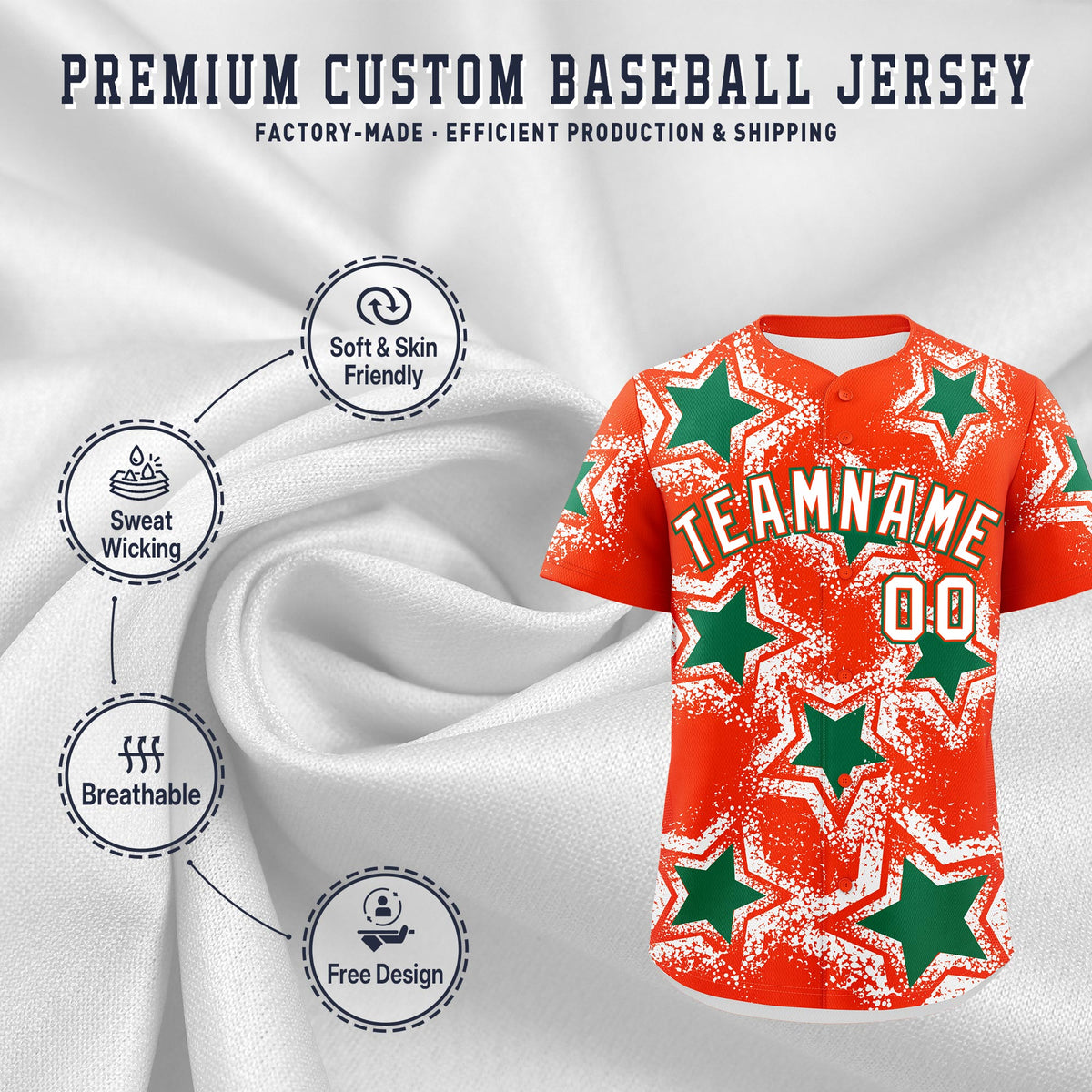Custom Orange White Kelly Green Star Graffiti Team Baseball Jerseys With Custom Names, Numbers & Logos Lightweight Baseball Jersey| KXKSHOP