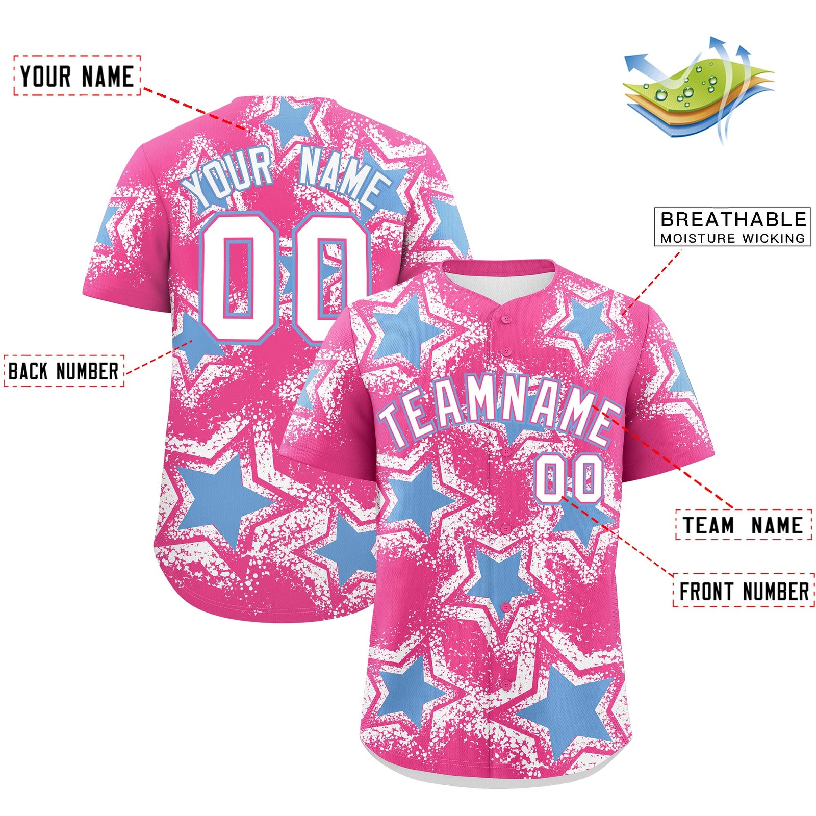Custom Pink White Light Blue Star Graffiti Team Baseball Jerseys With Custom Names, Numbers & Logos Lightweight Baseball Jersey| KXKSHOP