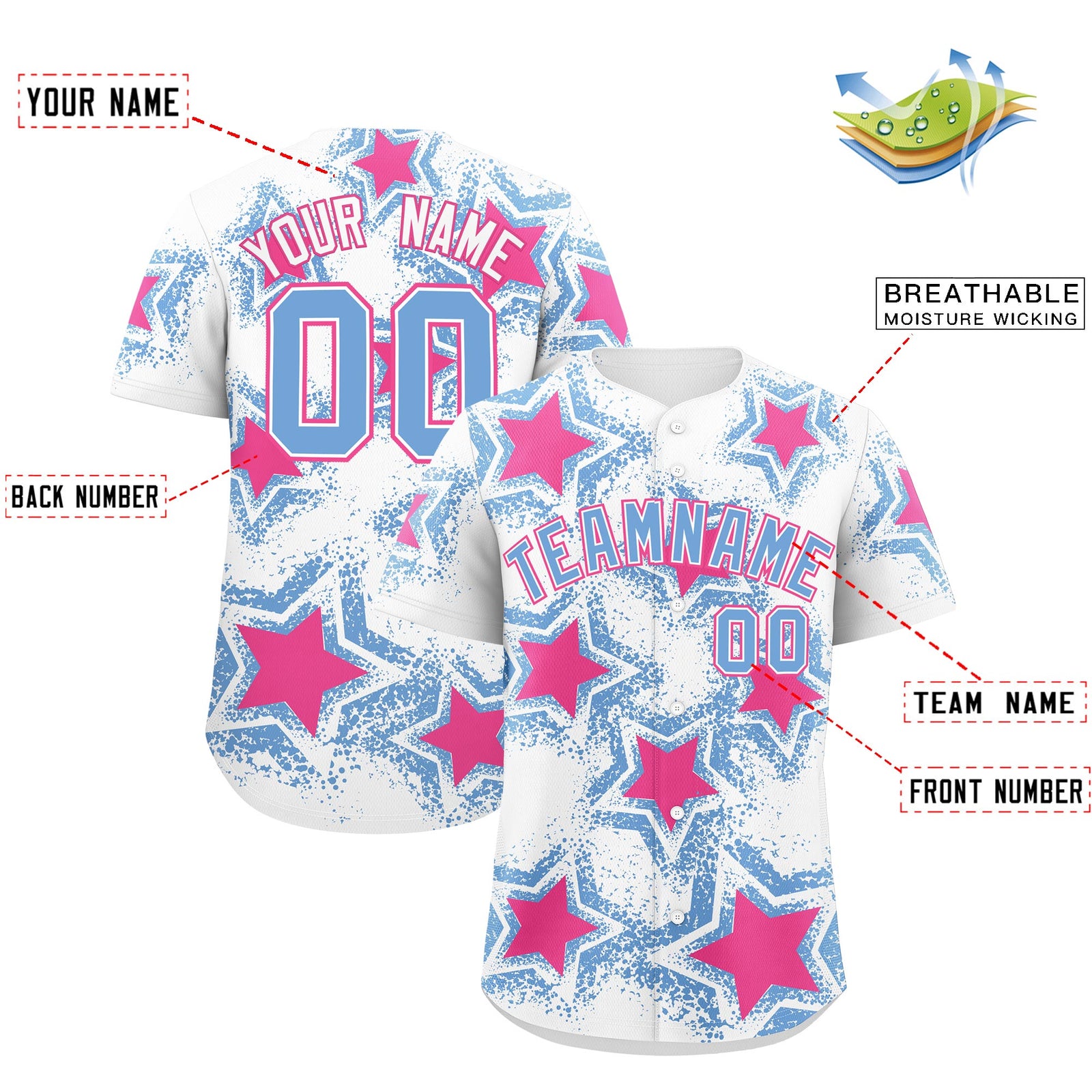 Custom White Light Blue Pink Star Graffiti Team Baseball Jerseys With Custom Names, Numbers & Logos Stretch Fabric Baseball Jersey| KXKSHOP
