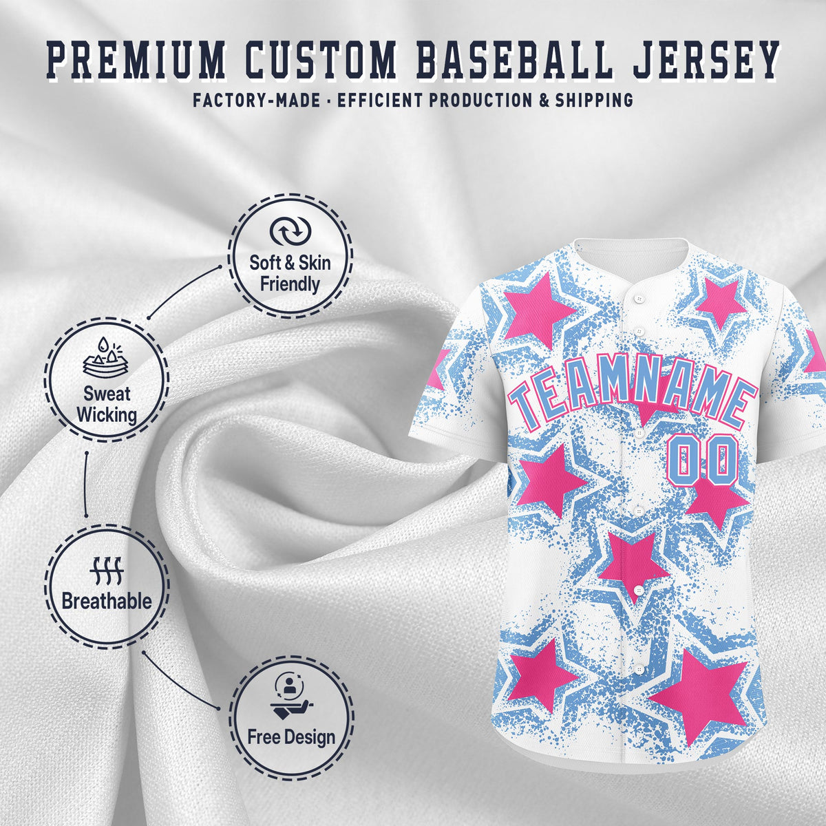 Custom White Light Blue Pink Star Graffiti Team Baseball Jerseys With Custom Names, Numbers & Logos Stretch Fabric Baseball Jersey| KXKSHOP
