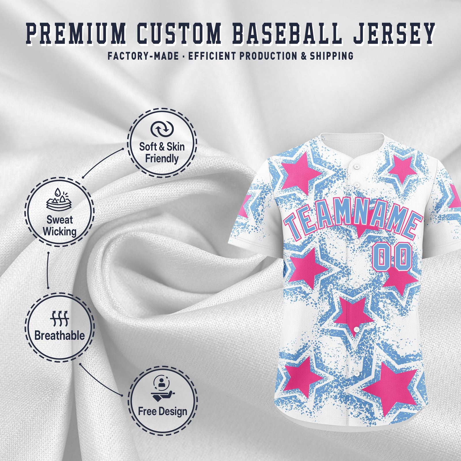 Custom White Light Blue Pink Star Graffiti Team Baseball Jerseys With Custom Names, Numbers & Logos Stretch Fabric Baseball Jersey| KXKSHOP