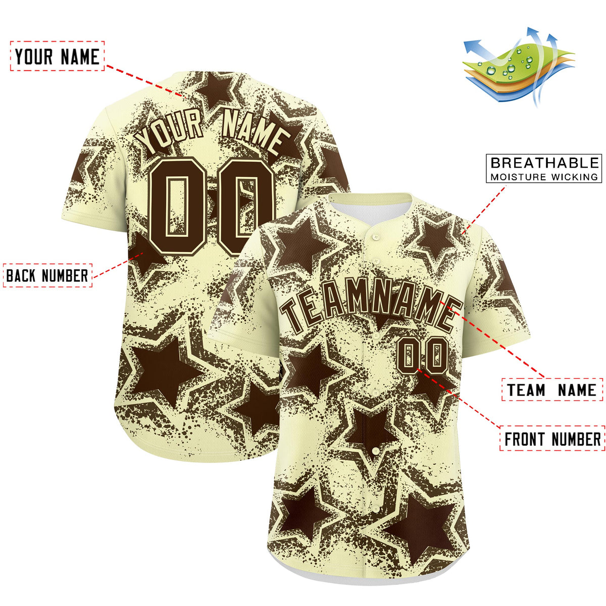 Custom Cream Light Brown Brown Star Graffiti Team Baseball Jerseys With Custom Names, Numbers & Logos Lightweight Baseball Jersey| KXKSHOP