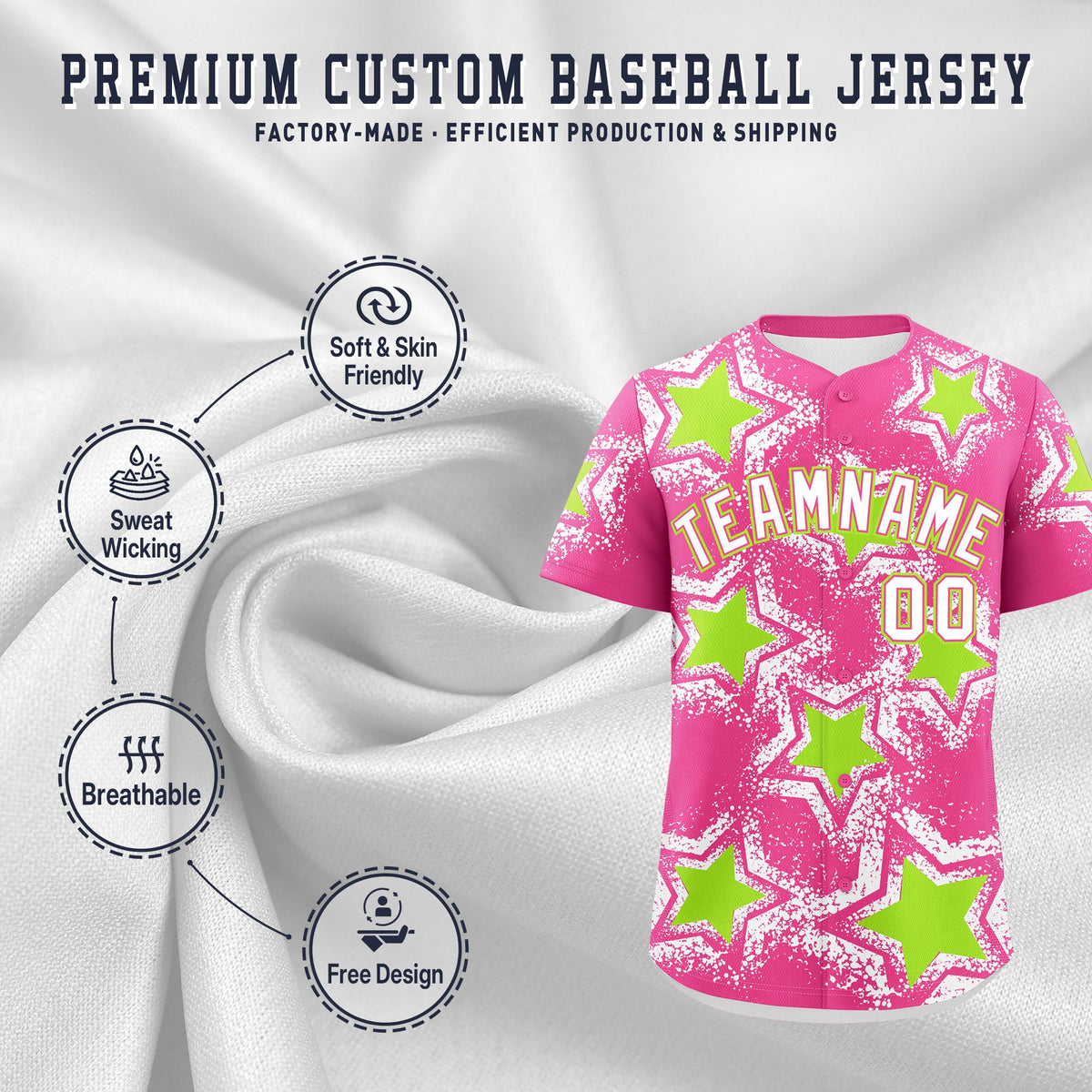 Custom Pink White Neon Green Star Graffiti Team Baseball Jerseys With Custom Names, Numbers & Logos Lightweight Baseball Jersey| KXKSHOP