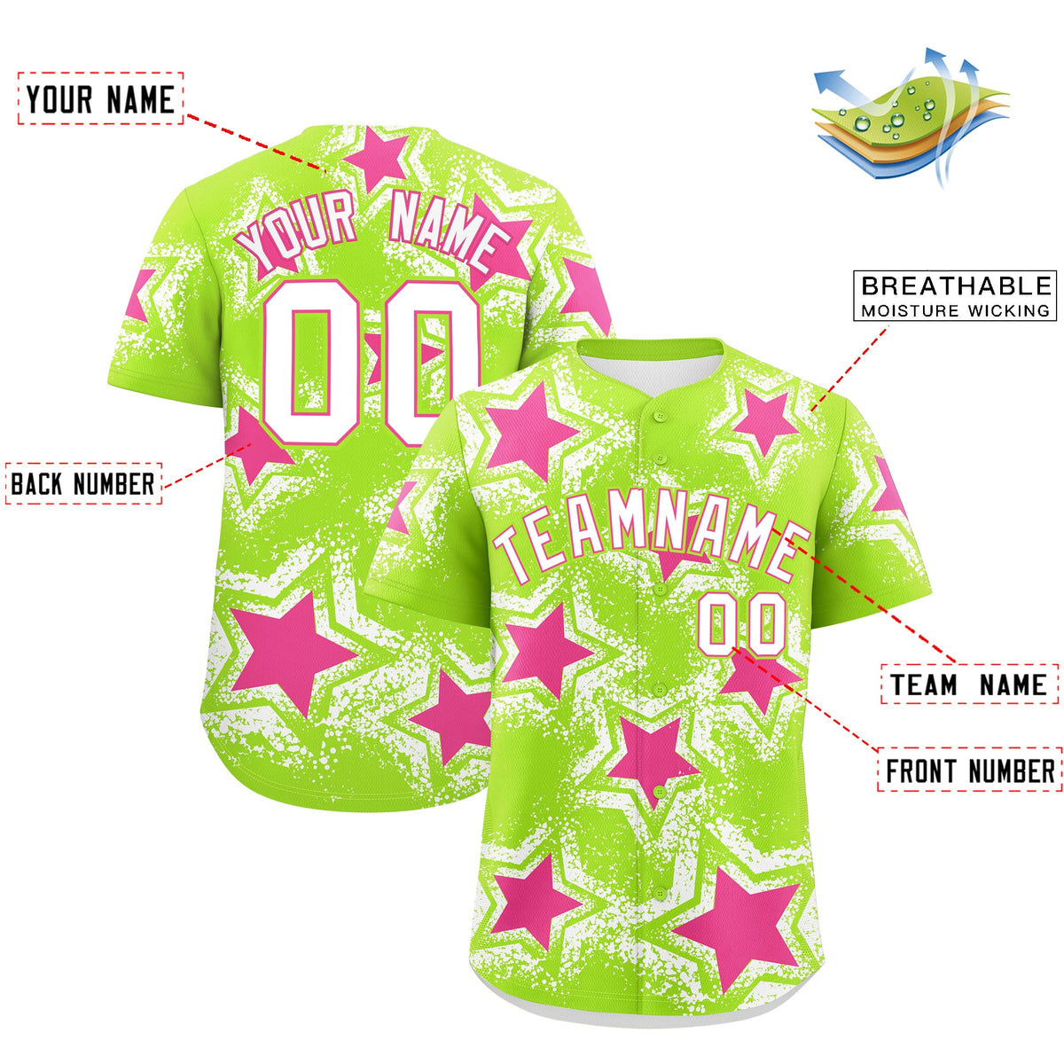 Custom Neon Green White Pink Star Graffiti Team Baseball Jerseys With Custom Names, Numbers & Logos Stretch Fabric Baseball Jersey| KXKSHOP