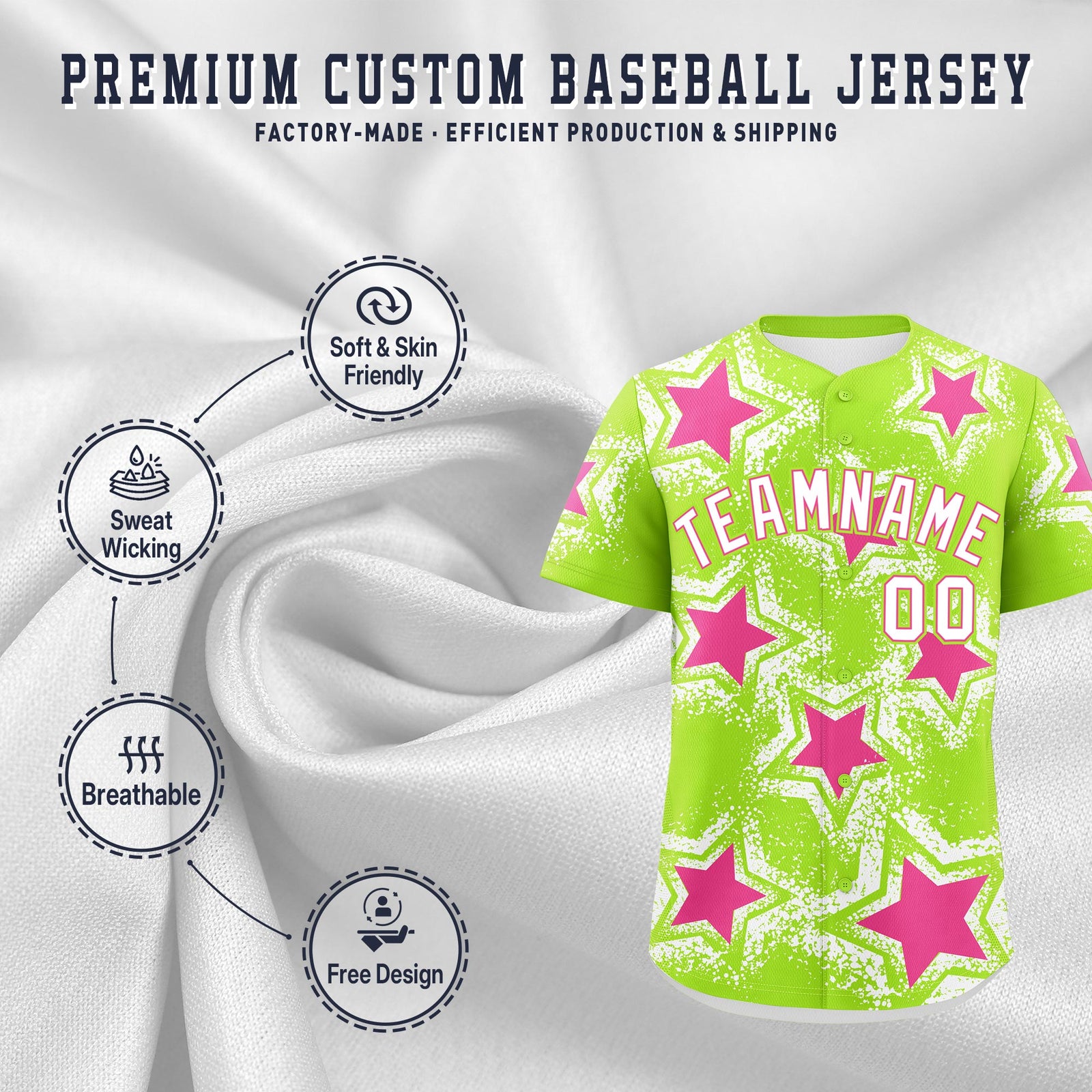 Custom Neon Green White Pink Star Graffiti Team Baseball Jerseys With Custom Names, Numbers & Logos Stretch Fabric Baseball Jersey| KXKSHOP