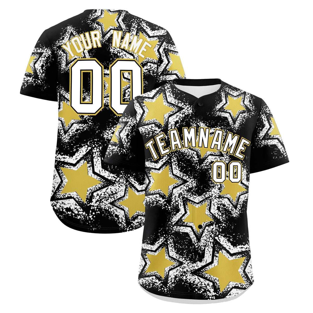Custom Black White Old Gold Star Graffiti Team Baseball Jerseys With Custom Names, Numbers & Logos Lightweight Baseball Jersey| KXKSHOP