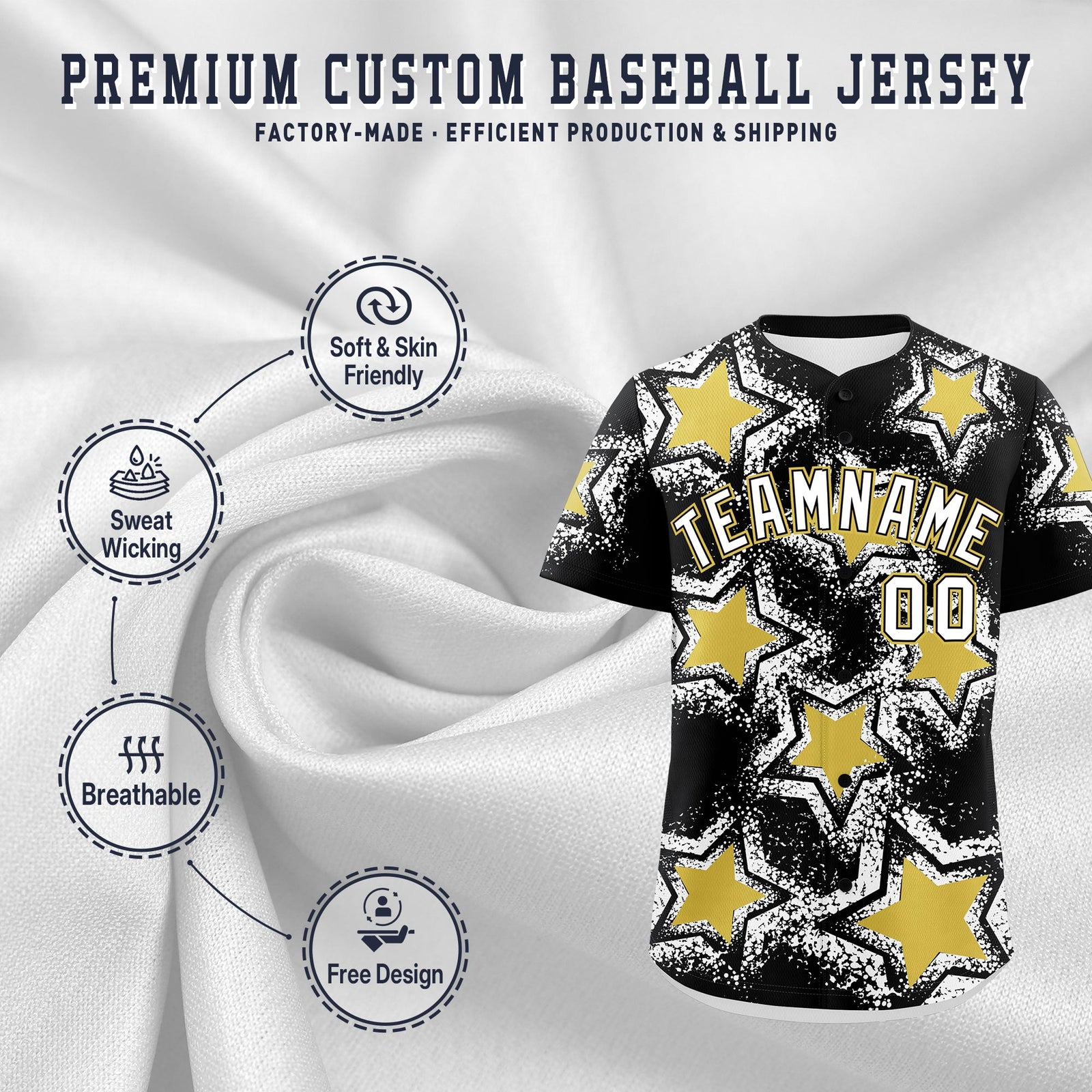 Custom Black White Old Gold Star Graffiti Team Baseball Jerseys With Custom Names, Numbers & Logos Lightweight Baseball Jersey| KXKSHOP