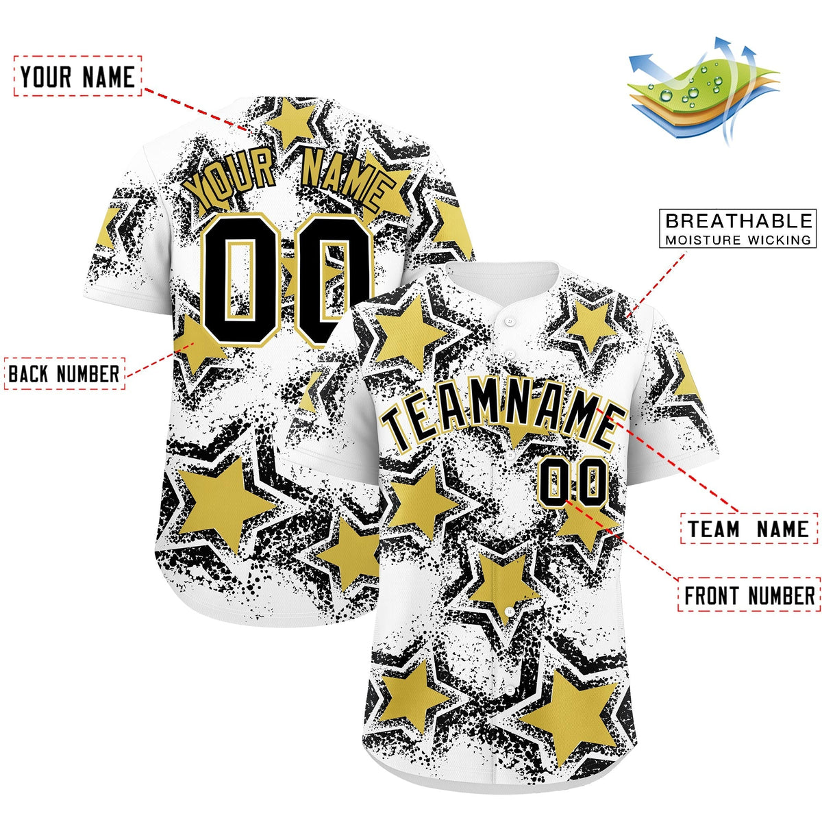 Custom White Black Old Gold Star Graffiti Team Baseball Jerseys With Custom Names, Numbers & Logos Stretch Fabric Baseball Jersey| KXKSHOP