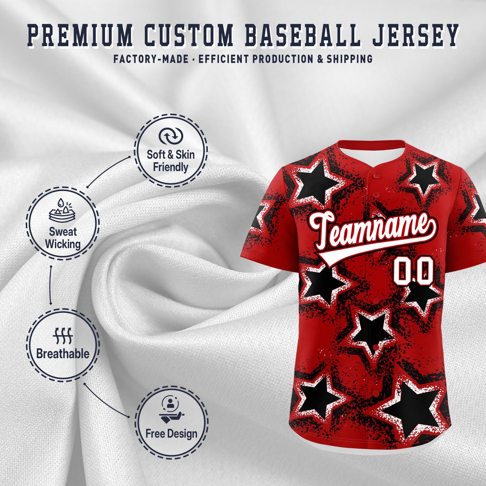 Custom Red Black White Star Graffiti Team Baseball Jerseys With Custom Names, Numbers & Logos Lightweight Baseball Jersey| KXKSHOP