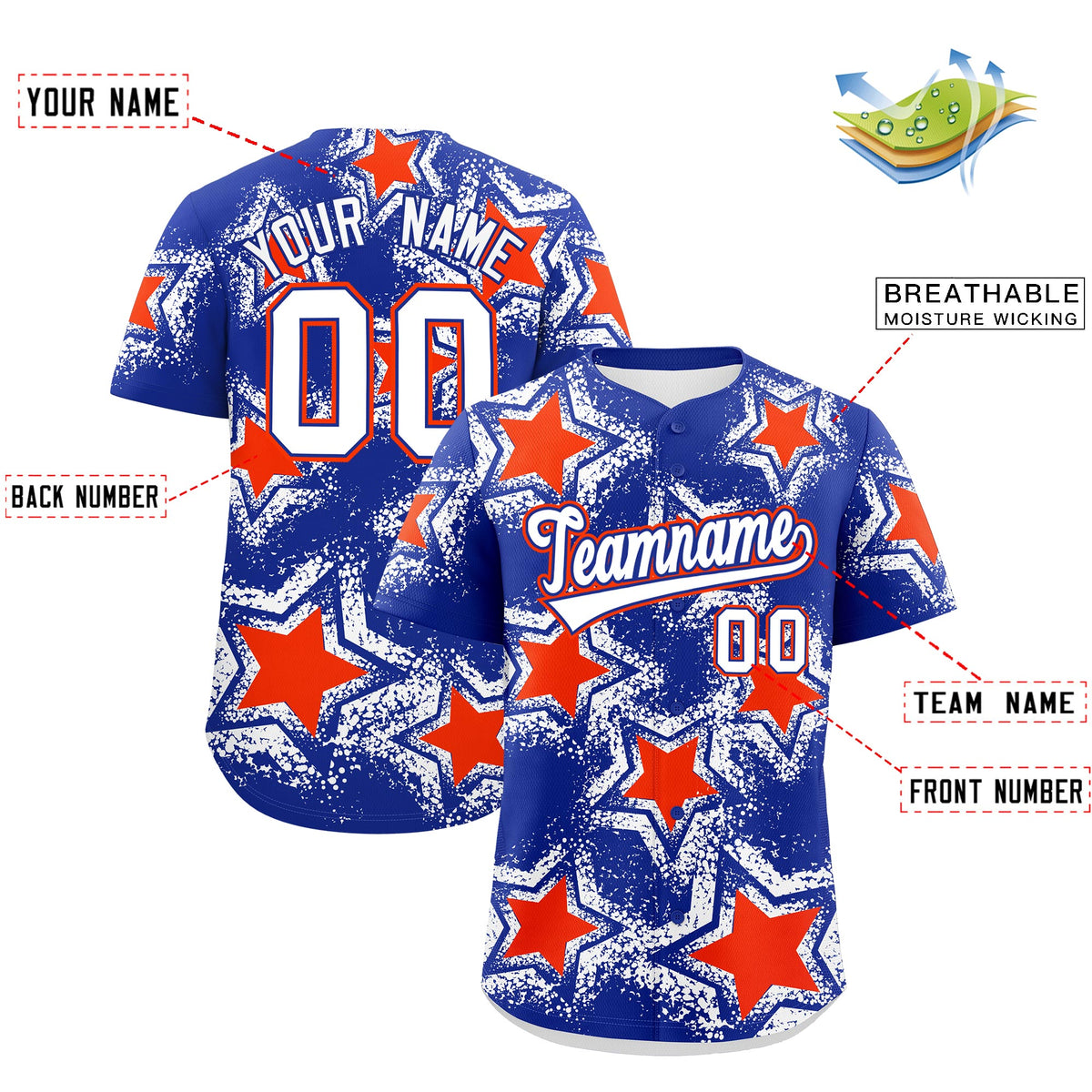 Custom Royal Blue Orange White Star Graffiti Team Baseball Jerseys With Custom Names, Numbers & Logos Stretch Fabric Baseball Jersey| KXKSHOP