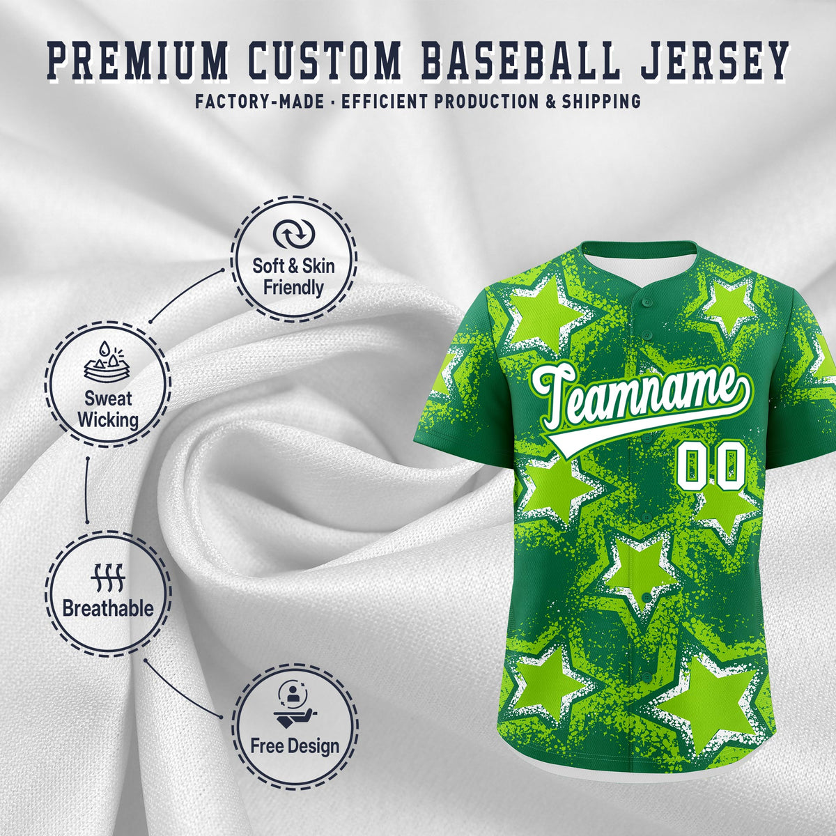 Custom Kelly Green Neon Green White Star Graffiti Team Baseball Jerseys With Custom Names, Numbers & Logos Stretch Fabric Baseball Jersey| KXKSHOP