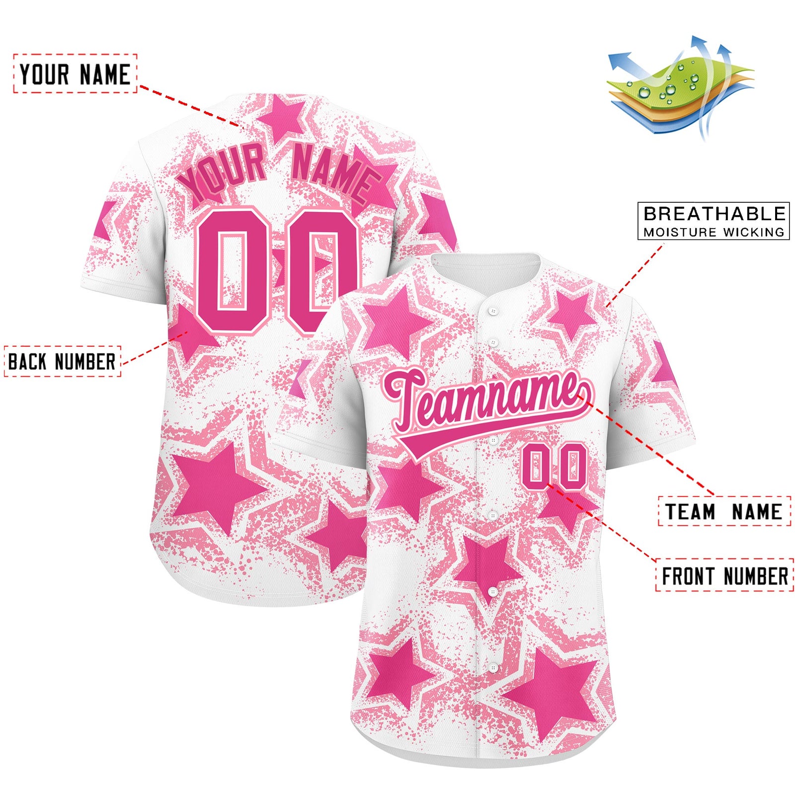 Custom White Pink Light Pink Star Graffiti Team Baseball Jerseys With Custom Names, Numbers & Logos Stretch Fabric Baseball Jersey| KXKSHOP