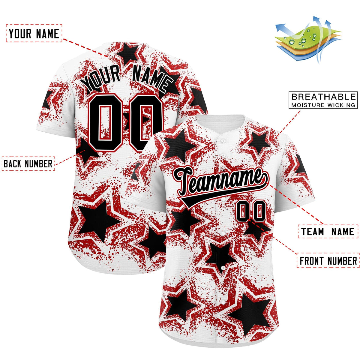 Custom White Black Red Star Graffiti Team Baseball Jerseys With Custom Names, Numbers & Logos Stretch Fabric Baseball Jersey| KXKSHOP