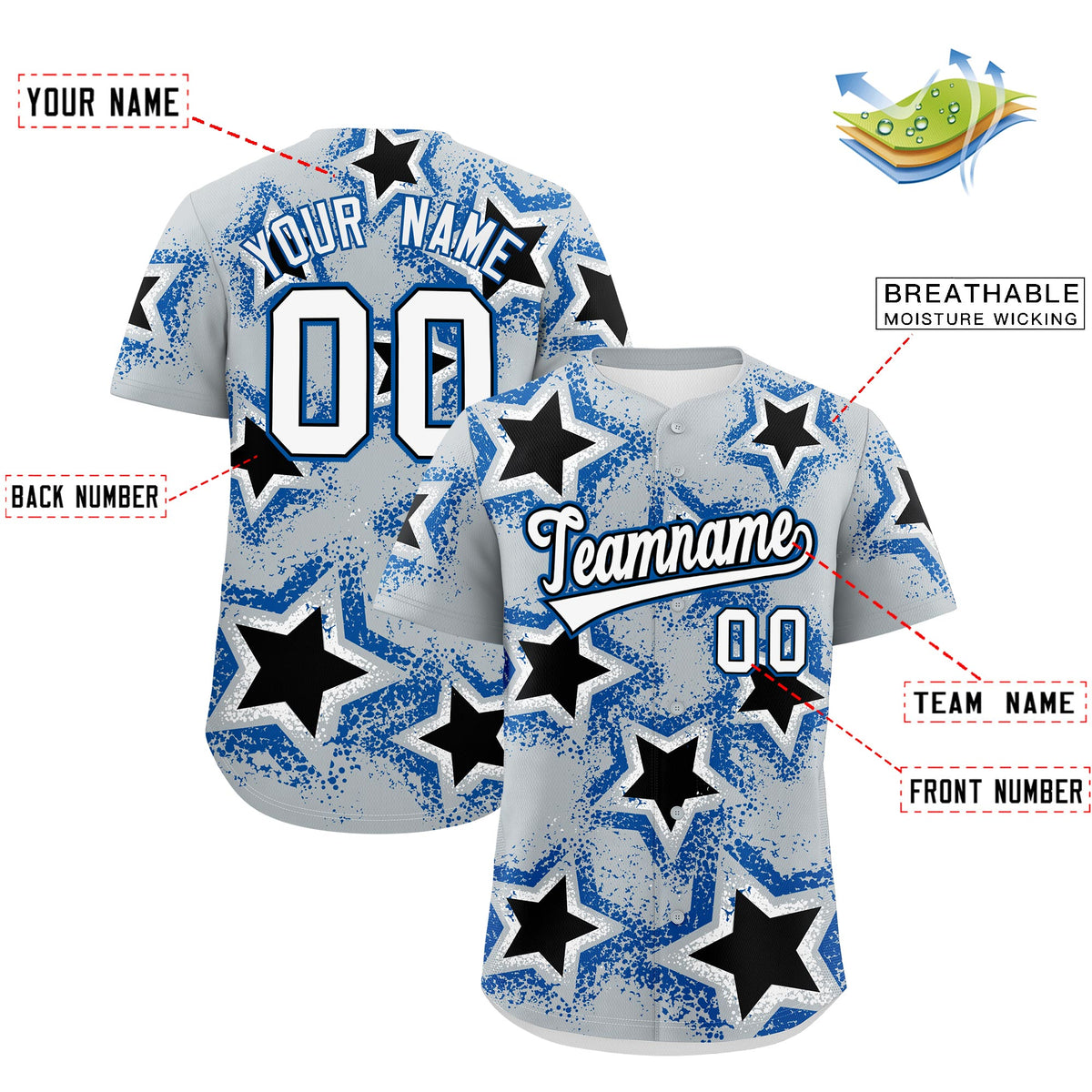Custom Silver Black Royal Star Graffiti Team Baseball Jerseys With Custom Names, Numbers & Logos Lightweight Baseball Jersey| KXKSHOP