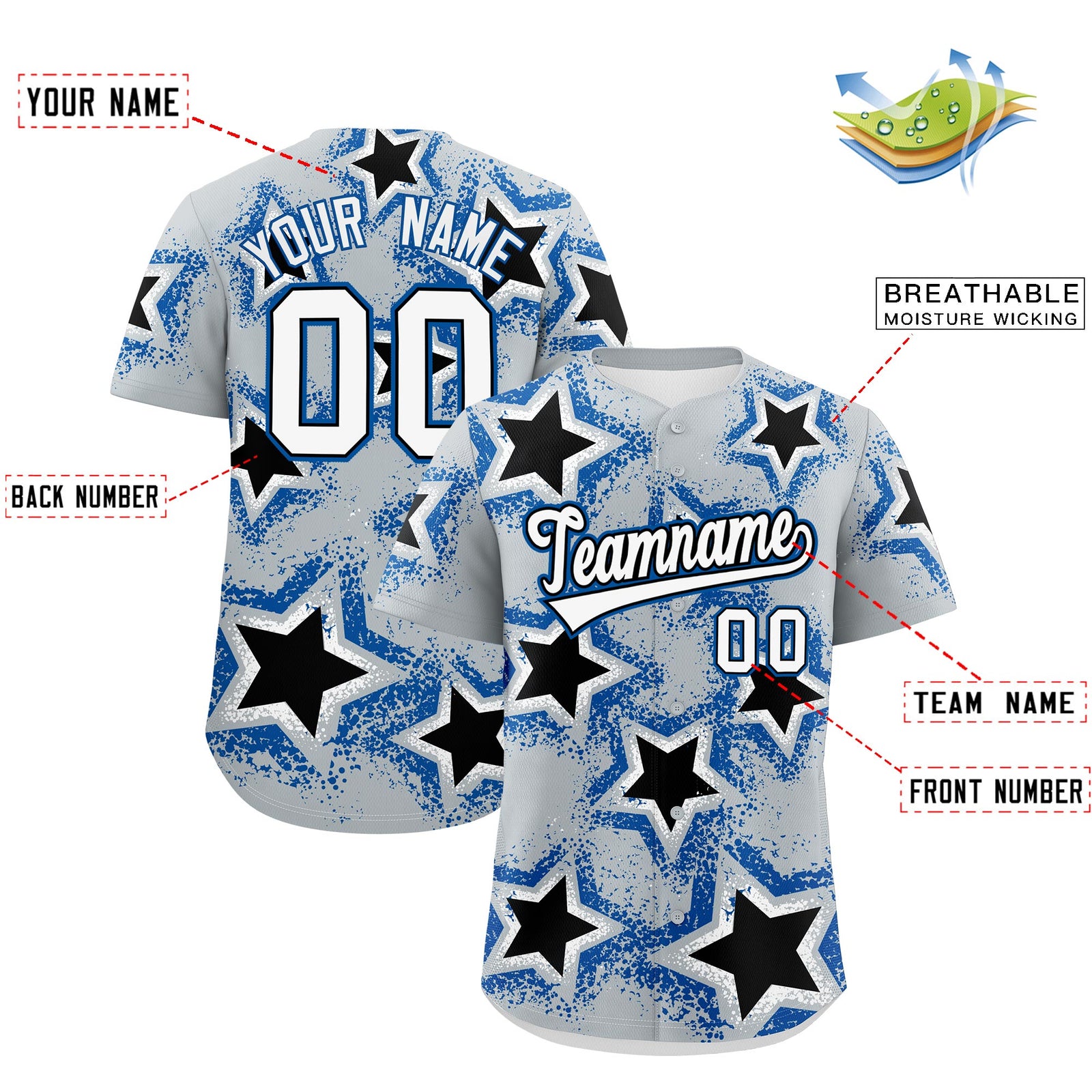Custom Silver Black Royal Star Graffiti Team Baseball Jerseys With Custom Names, Numbers & Logos Lightweight Baseball Jersey| KXKSHOP