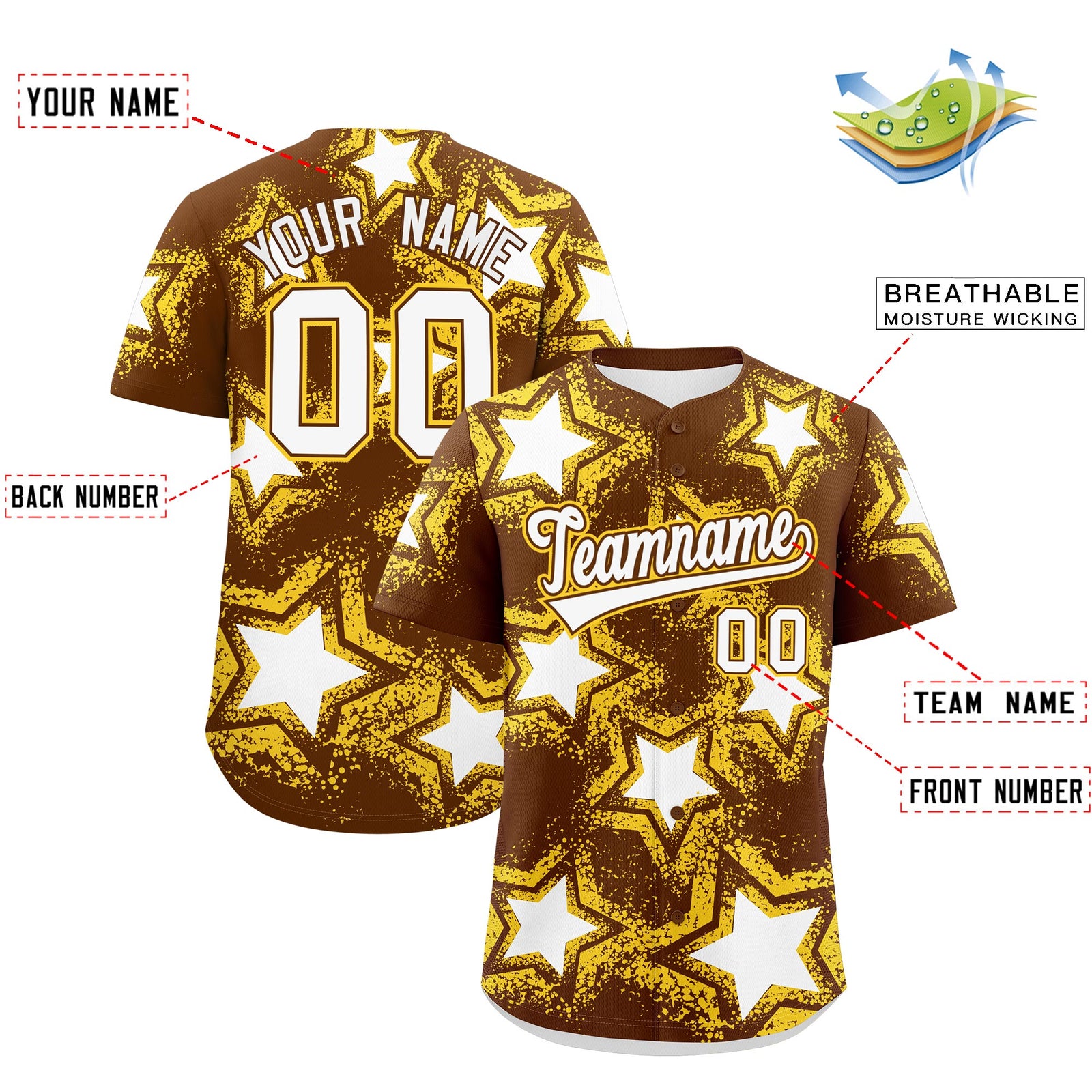 Custom Brown Gold White Star Graffiti Team Baseball Jerseys With Custom Names, Numbers & Logos Stretch Fabric Baseball Jersey| KXKSHOP