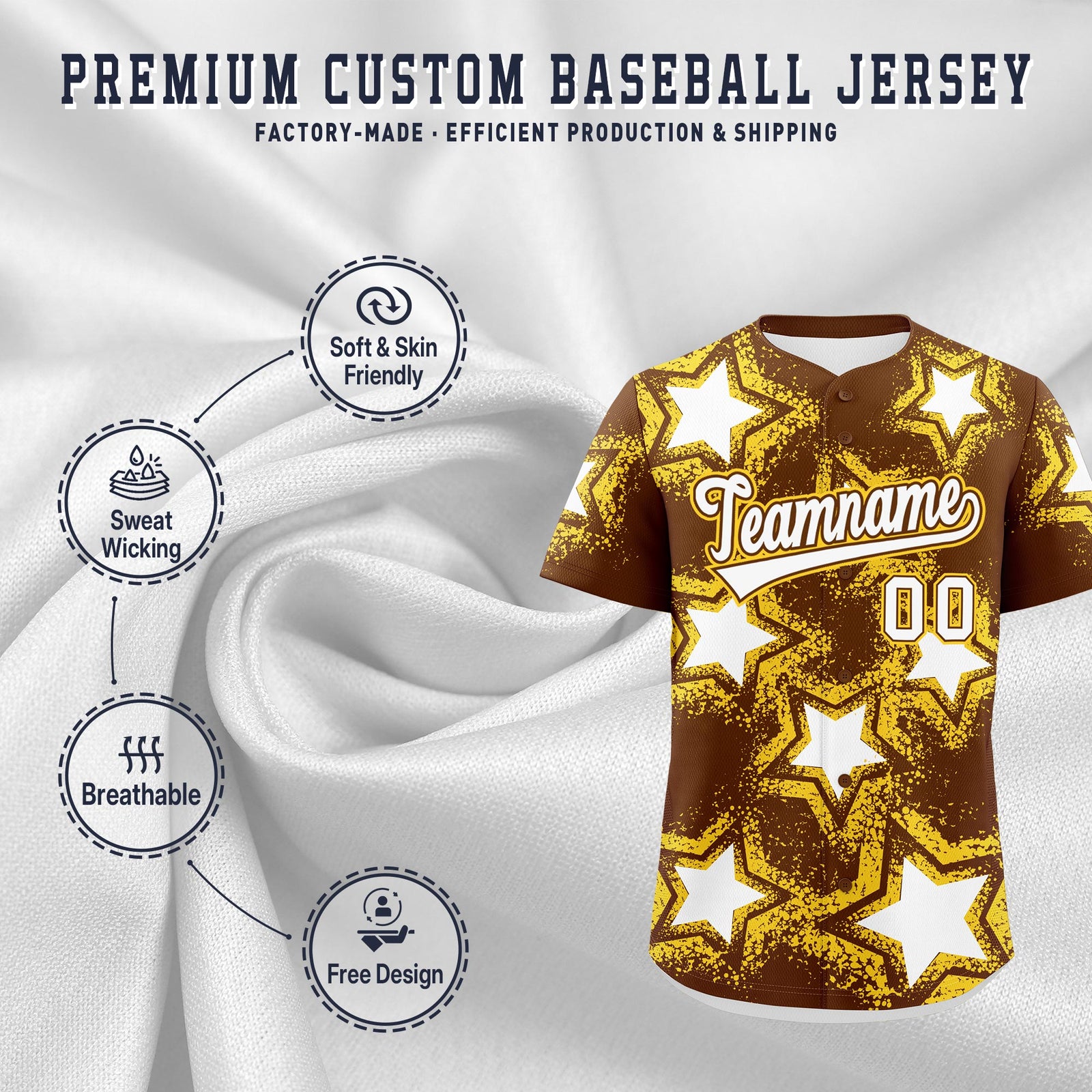 Custom Brown Gold White Star Graffiti Team Baseball Jerseys With Custom Names, Numbers & Logos Stretch Fabric Baseball Jersey| KXKSHOP