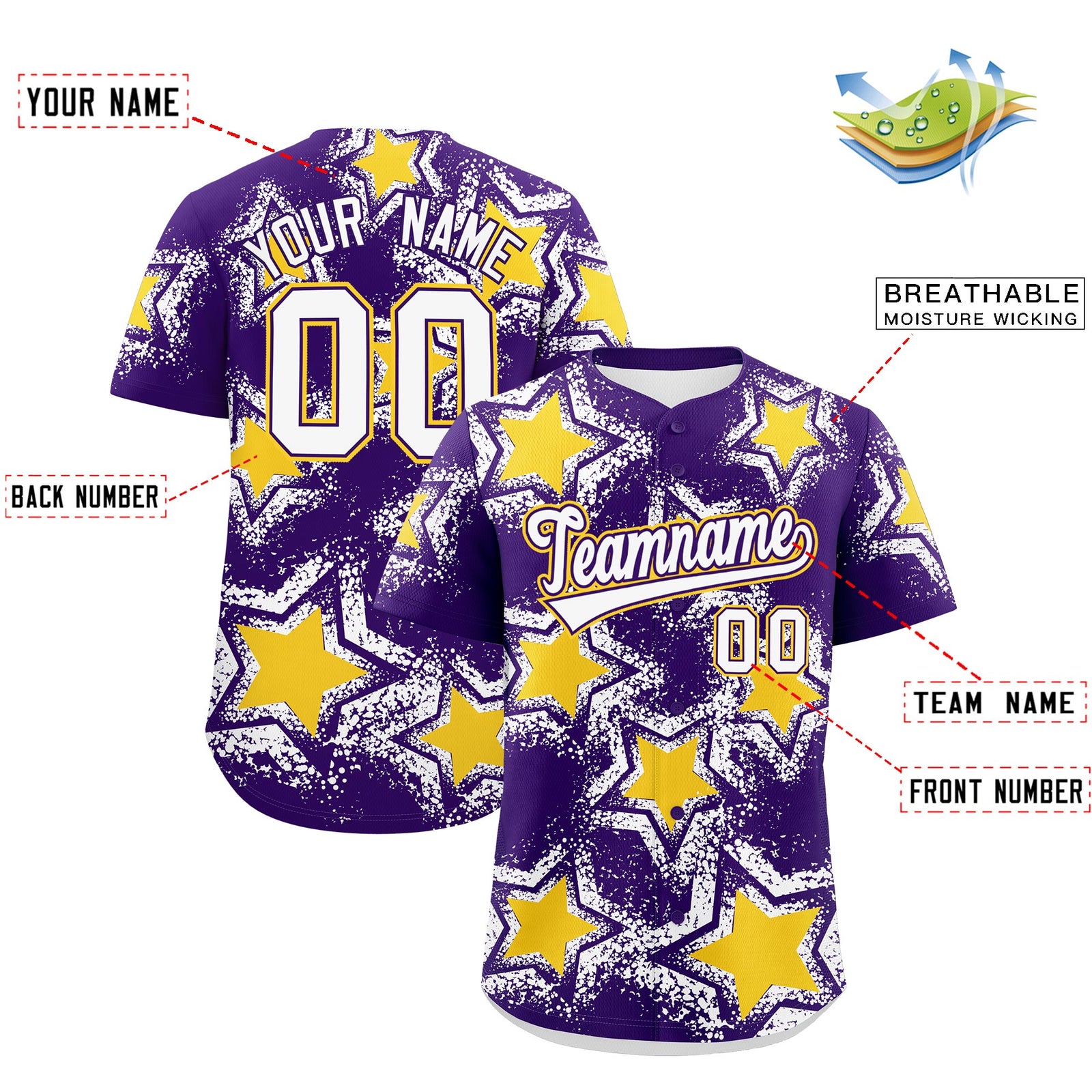 Custom Purple White Gold Star Graffiti Team Baseball Jerseys With Custom Names, Numbers & Logos Lightweight Baseball Jersey| KXKSHOP