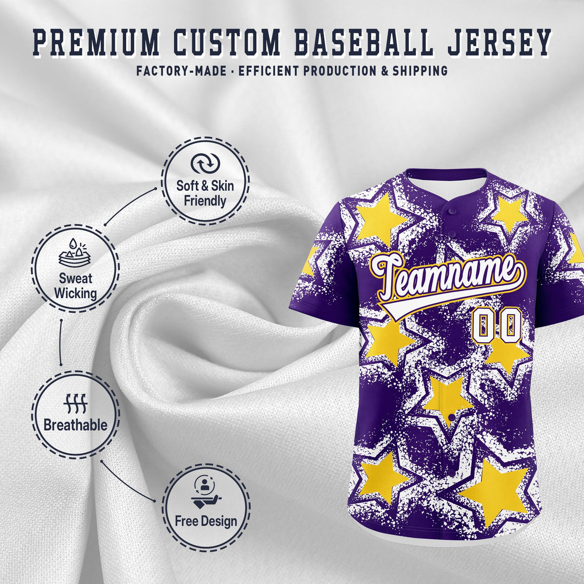 Custom Purple White Gold Star Graffiti Team Baseball Jerseys With Custom Names, Numbers & Logos Lightweight Baseball Jersey| KXKSHOP