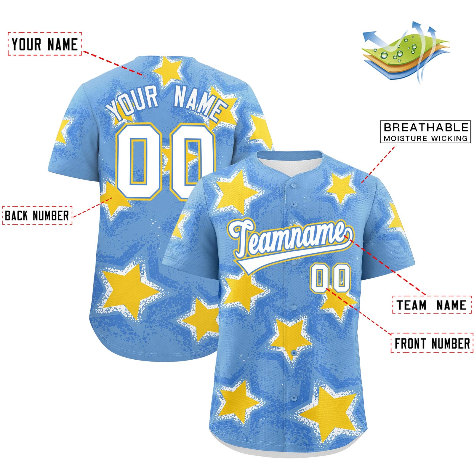 Custom Light Blue Gold White Star Graffiti Team Baseball Jerseys With Custom Names, Numbers & Logos Stretch Fabric Baseball Jersey| KXKSHOP