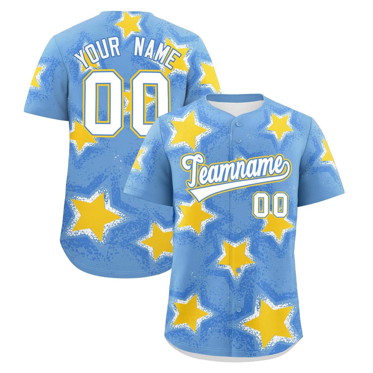 Custom Light Blue Gold White Star Graffiti Team Baseball Jerseys With Custom Names, Numbers & Logos Stretch Fabric Baseball Jersey| KXKSHOP