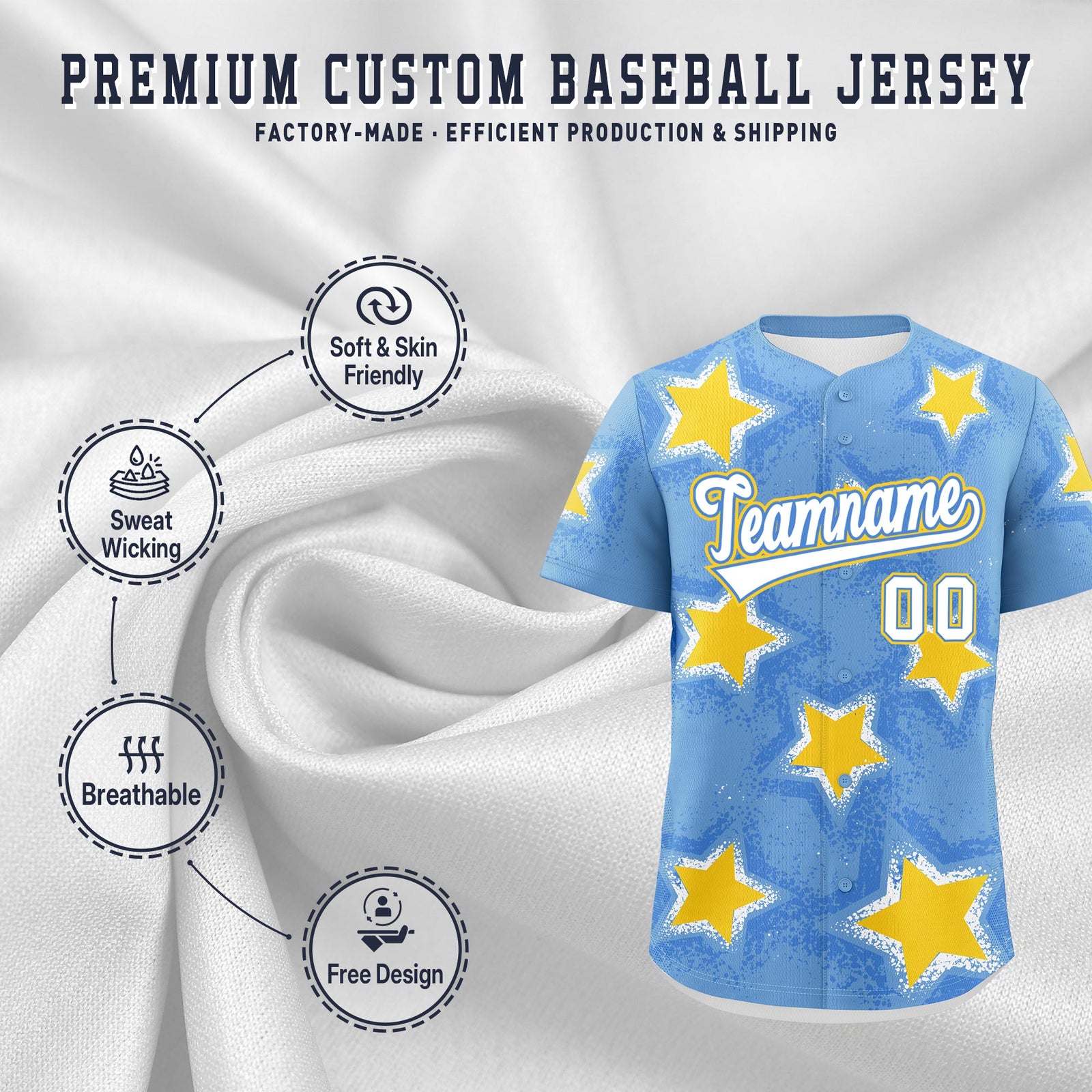 Custom Light Blue Gold White Star Graffiti Team Baseball Jerseys With Custom Names, Numbers & Logos Stretch Fabric Baseball Jersey| KXKSHOP